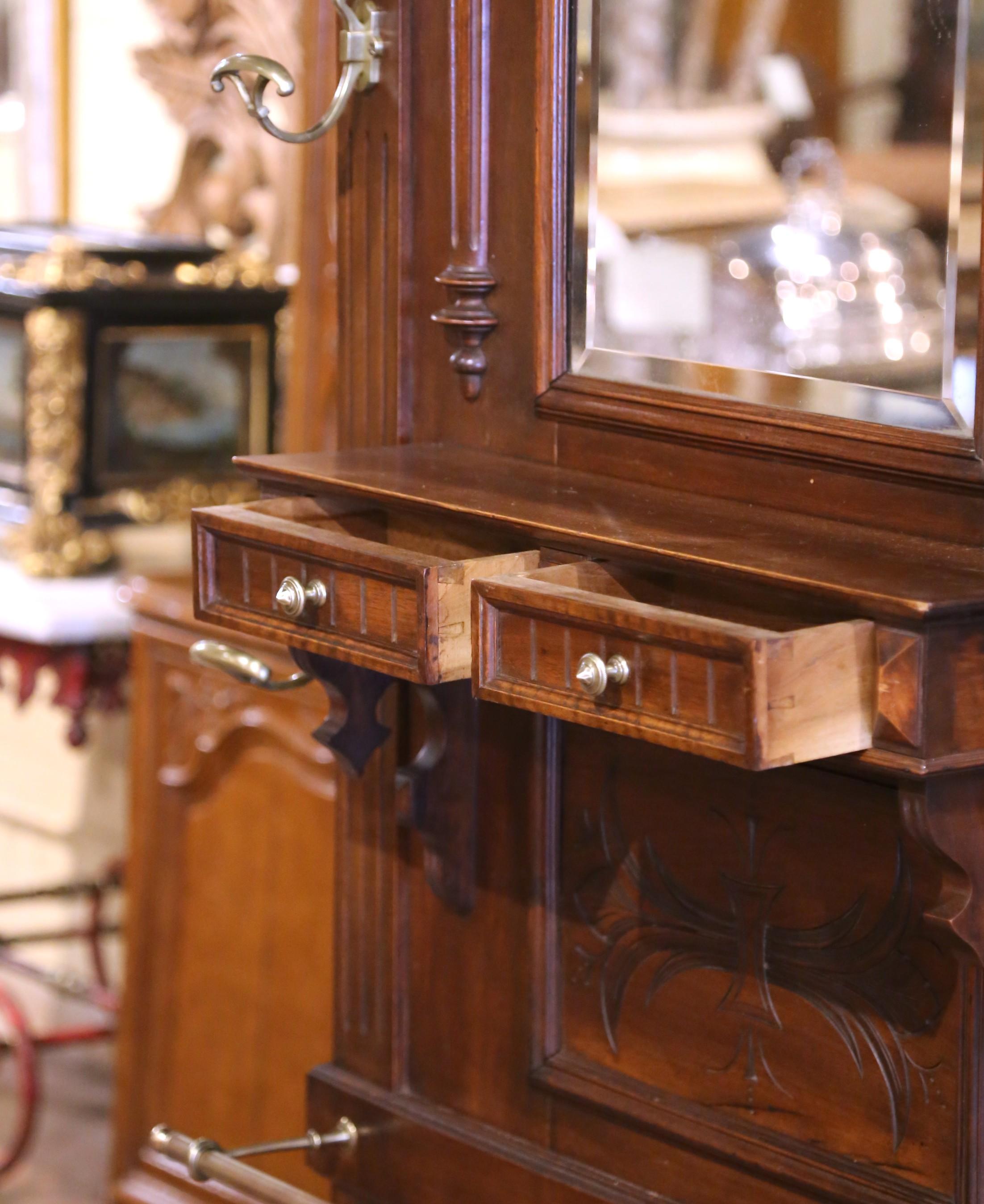 19th Century French Carved Walnut Halltree with Mirror and Brass Hooks For Sale 6