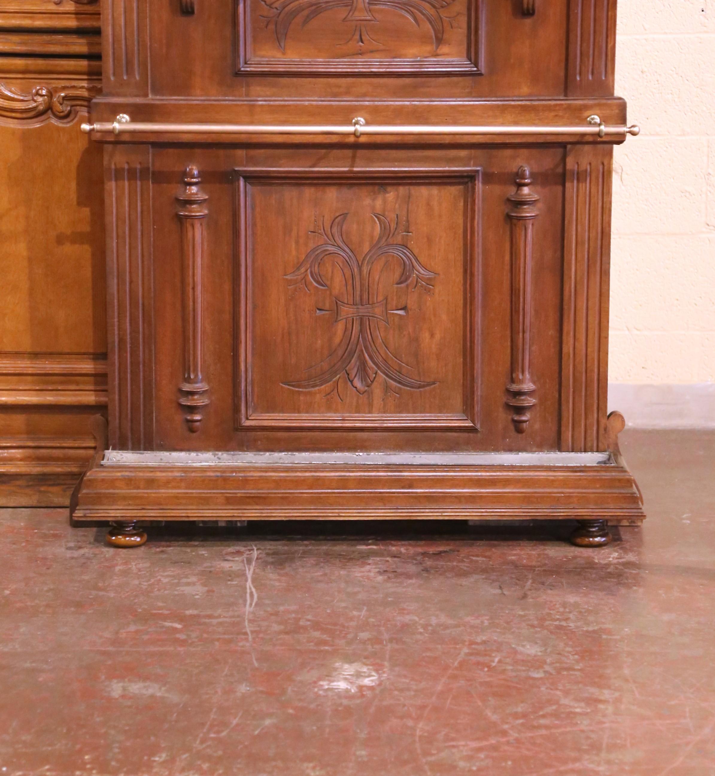 Napoleon III 19th Century French Carved Walnut Halltree with Mirror and Brass Hooks For Sale