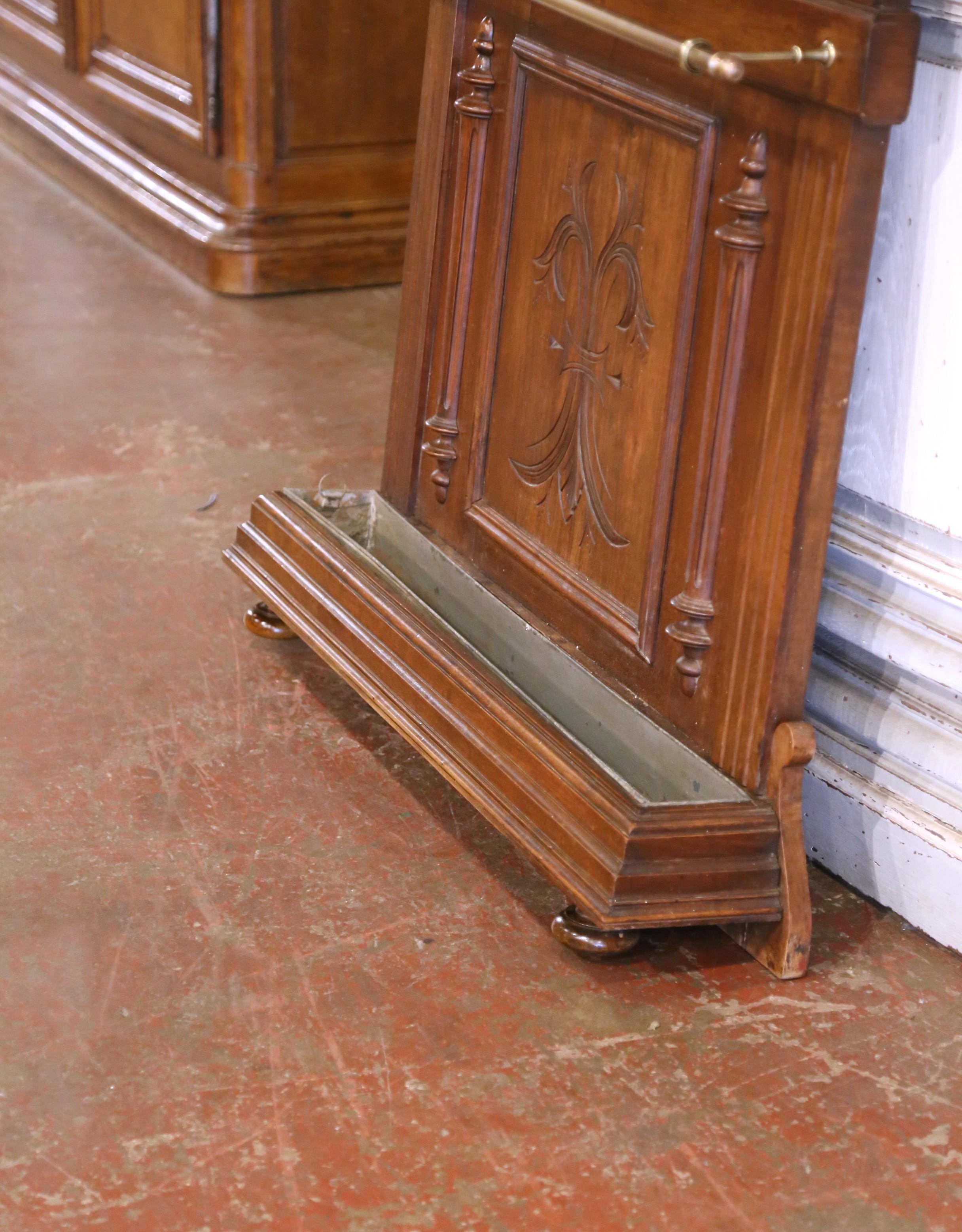 Hand-Carved 19th Century French Carved Walnut Halltree with Mirror and Brass Hooks For Sale