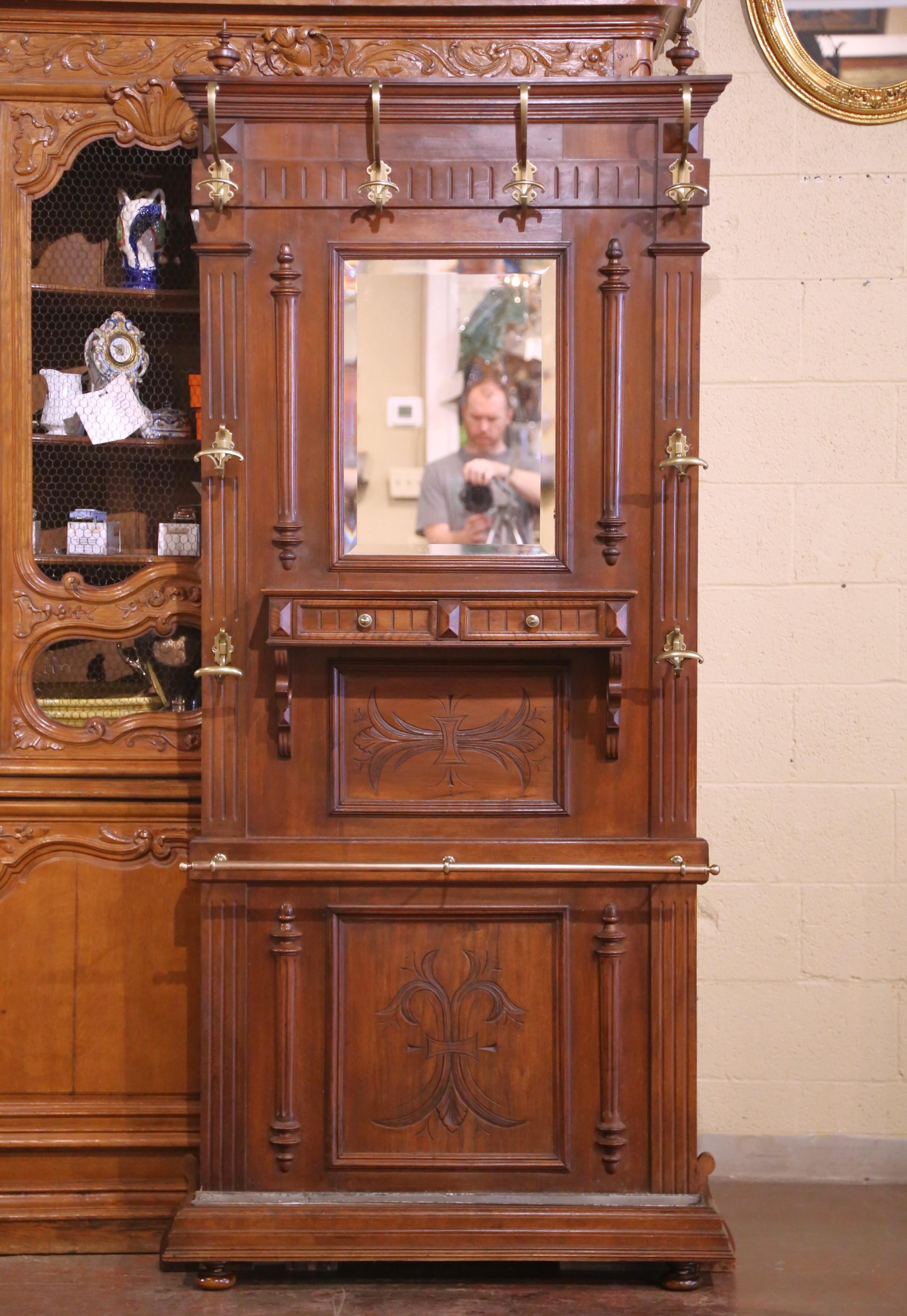 19th Century French Carved Walnut Halltree with Mirror and Brass Hooks In Good Condition For Sale In Dallas, TX
