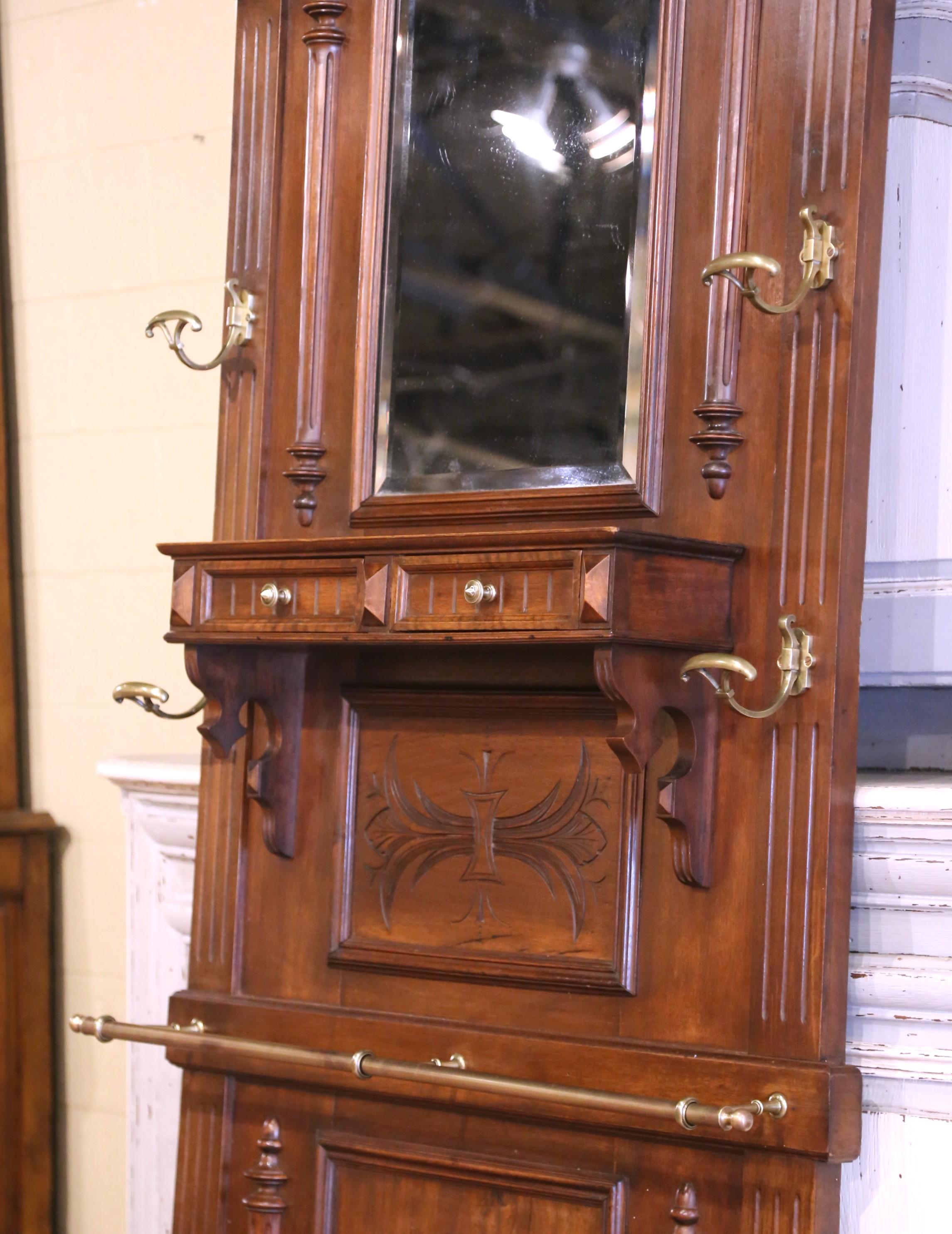 19th Century French Carved Walnut Halltree with Mirror and Brass Hooks For Sale 2