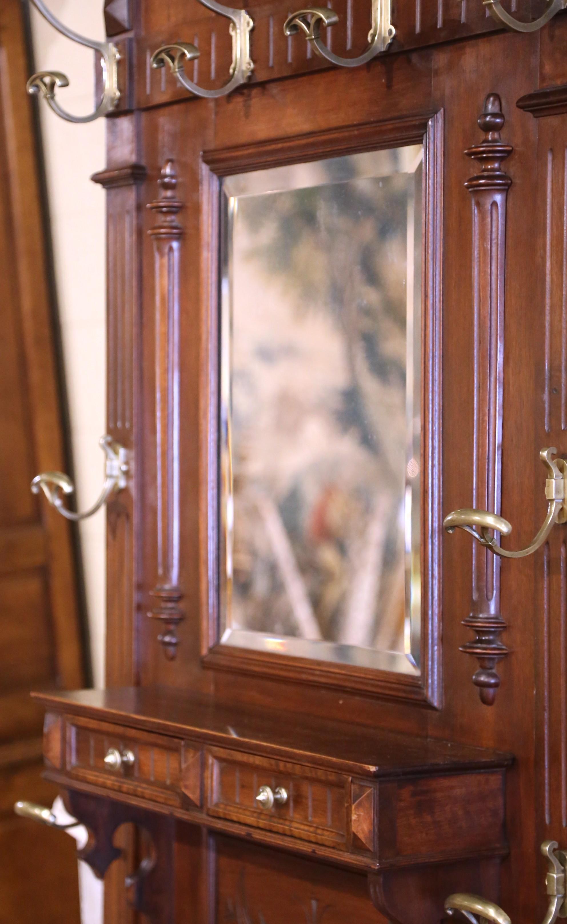 19th Century French Carved Walnut Halltree with Mirror and Brass Hooks For Sale 3
