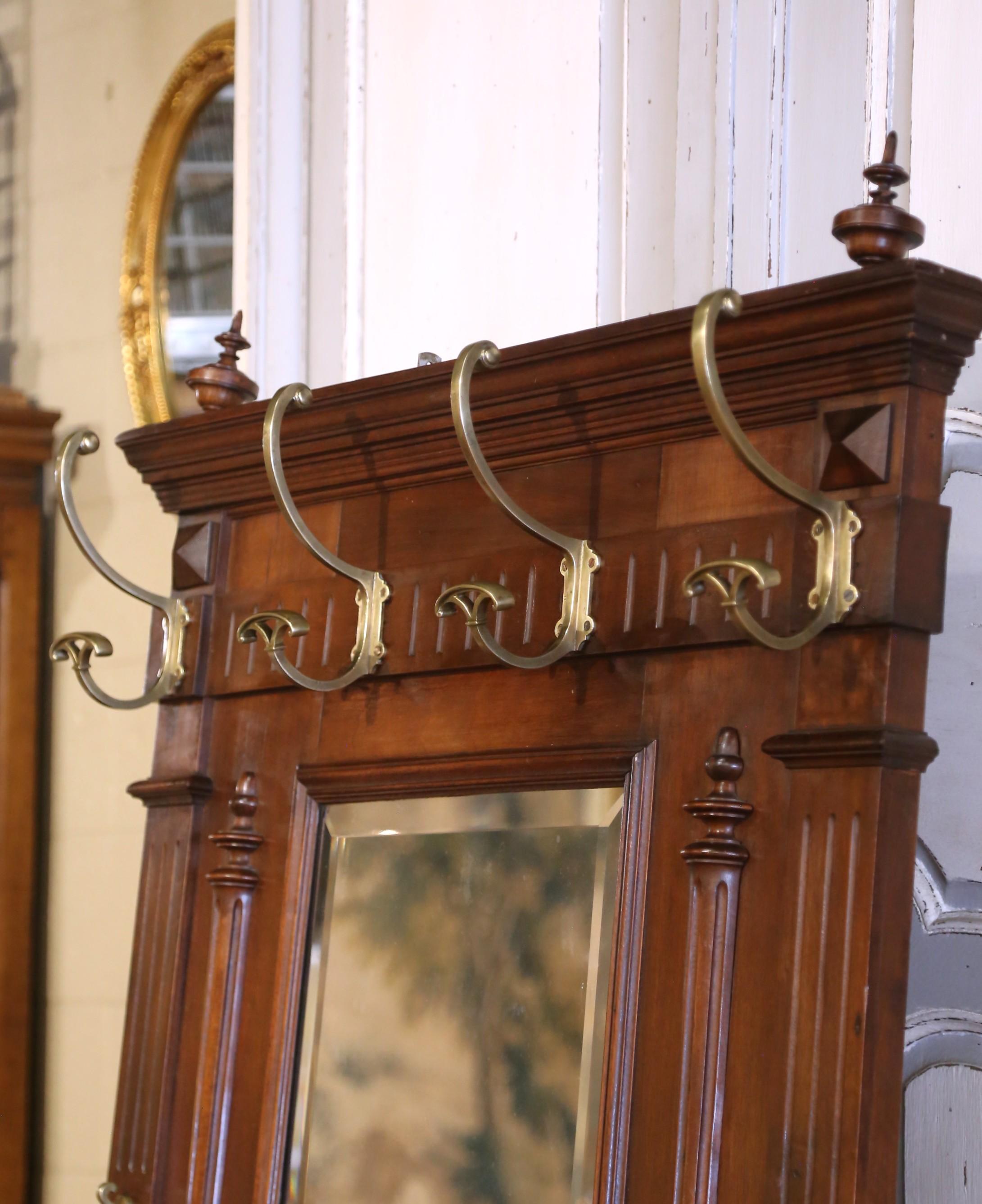 19th Century French Carved Walnut Halltree with Mirror and Brass Hooks For Sale 4
