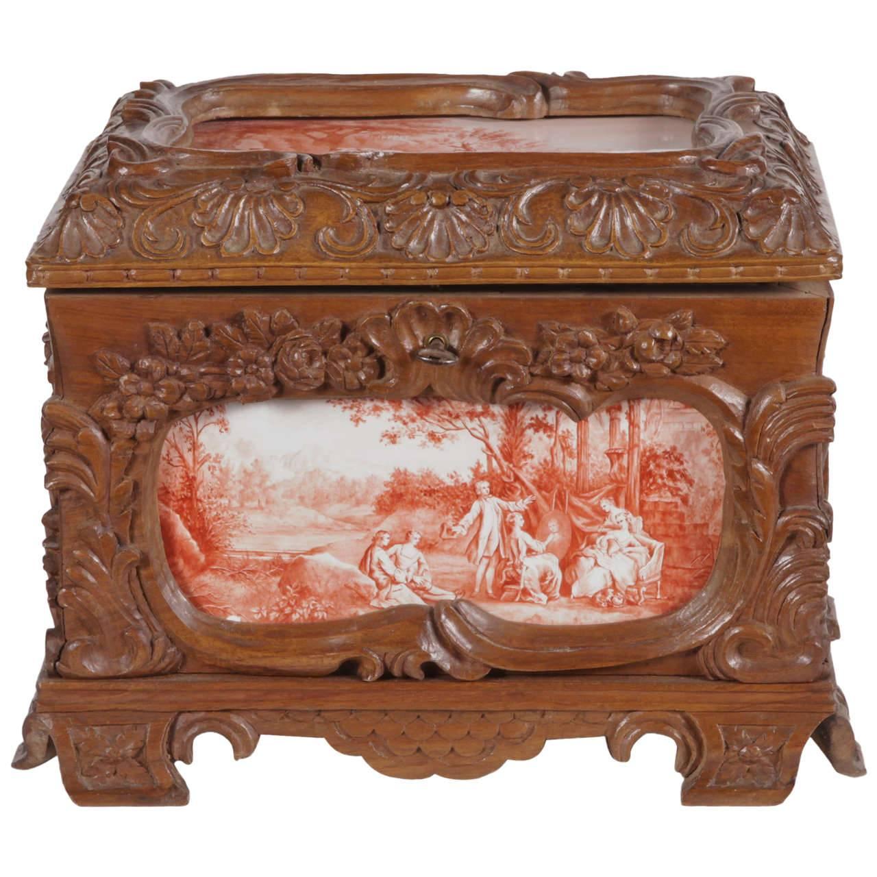 Louis XV 19th Century French Carved Walnut Jewelry Box with Painted Pastoral Scenes Tiles