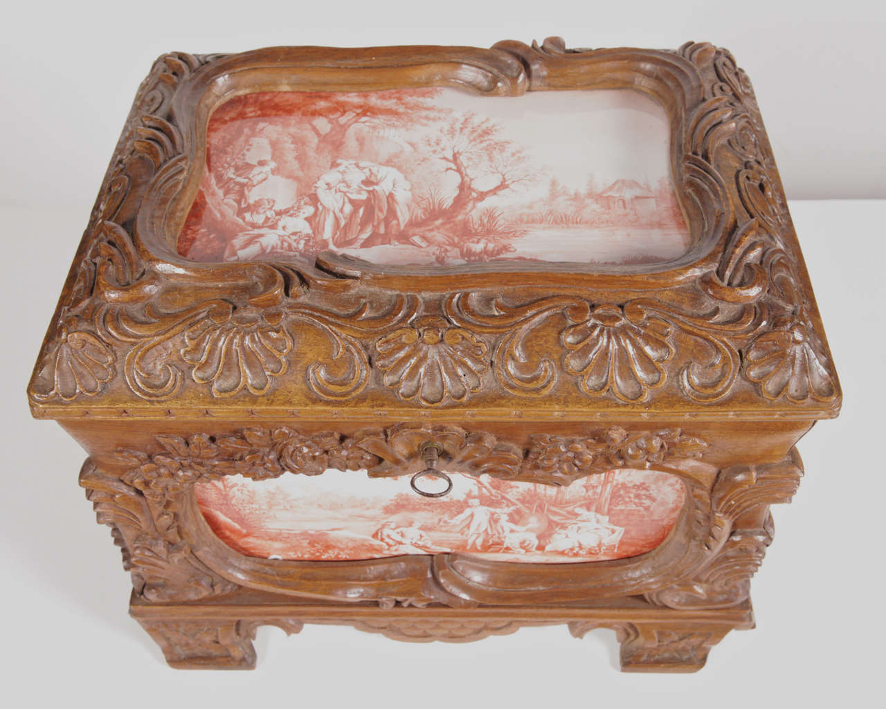 Patinated 19th Century French Carved Walnut Jewelry Box with Painted Pastoral Scenes Tiles