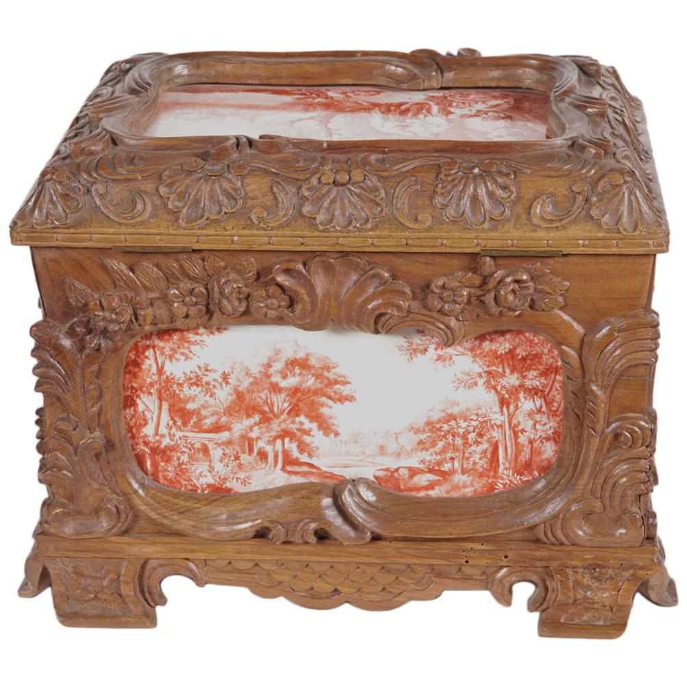 19th Century French Carved Walnut Jewelry Box with Painted Pastoral Scenes Tiles