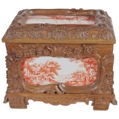 19th Century French Carved Walnut Jewelry Box with Painted Pastoral Scenes Tiles