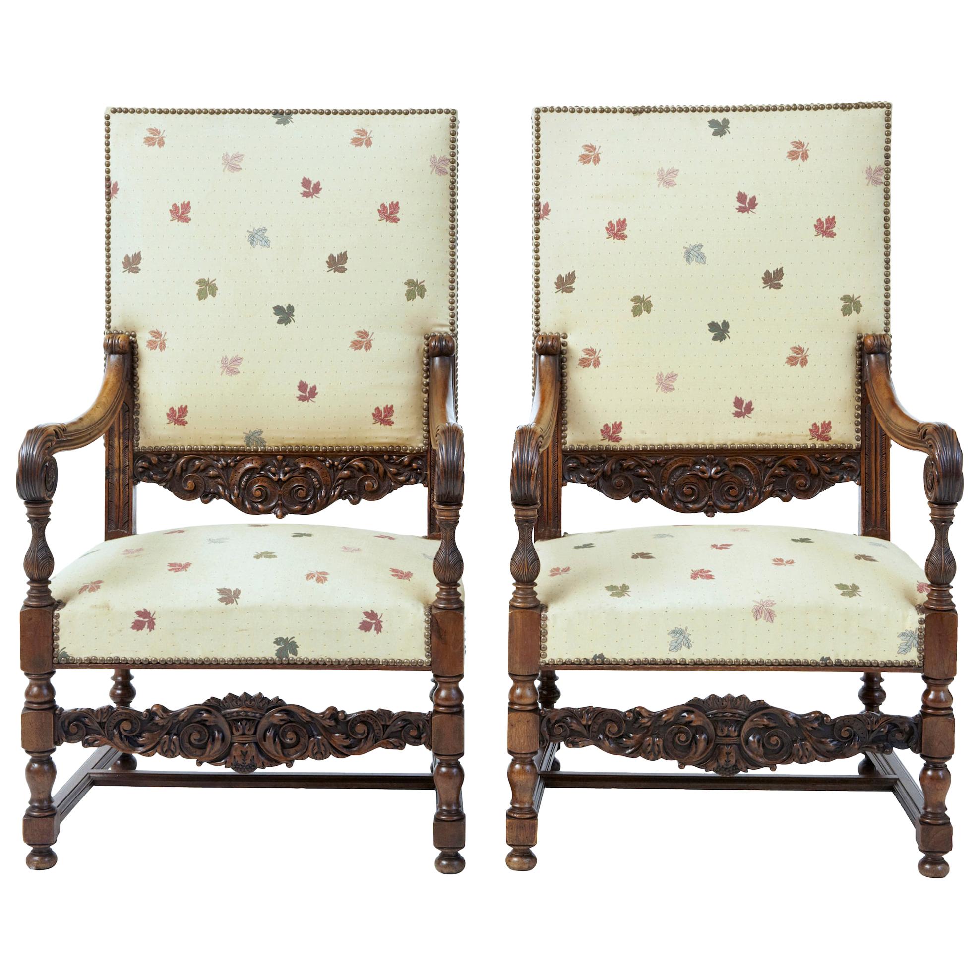 19th Century French Carved Walnut Large Armchairs