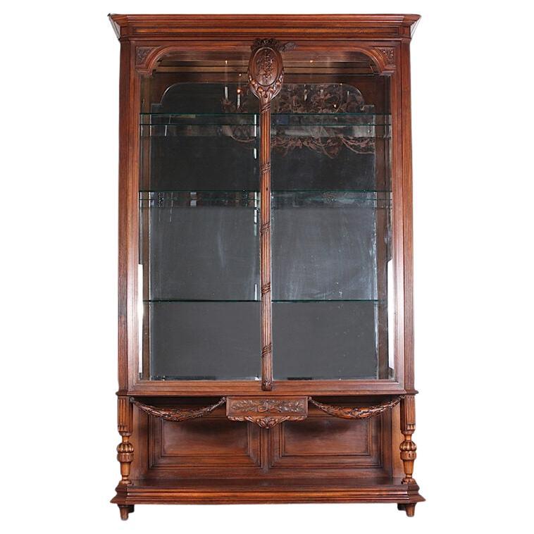 19th Century French Carved Walnut Louis XVI Vitrine Display Cabinet For Sale