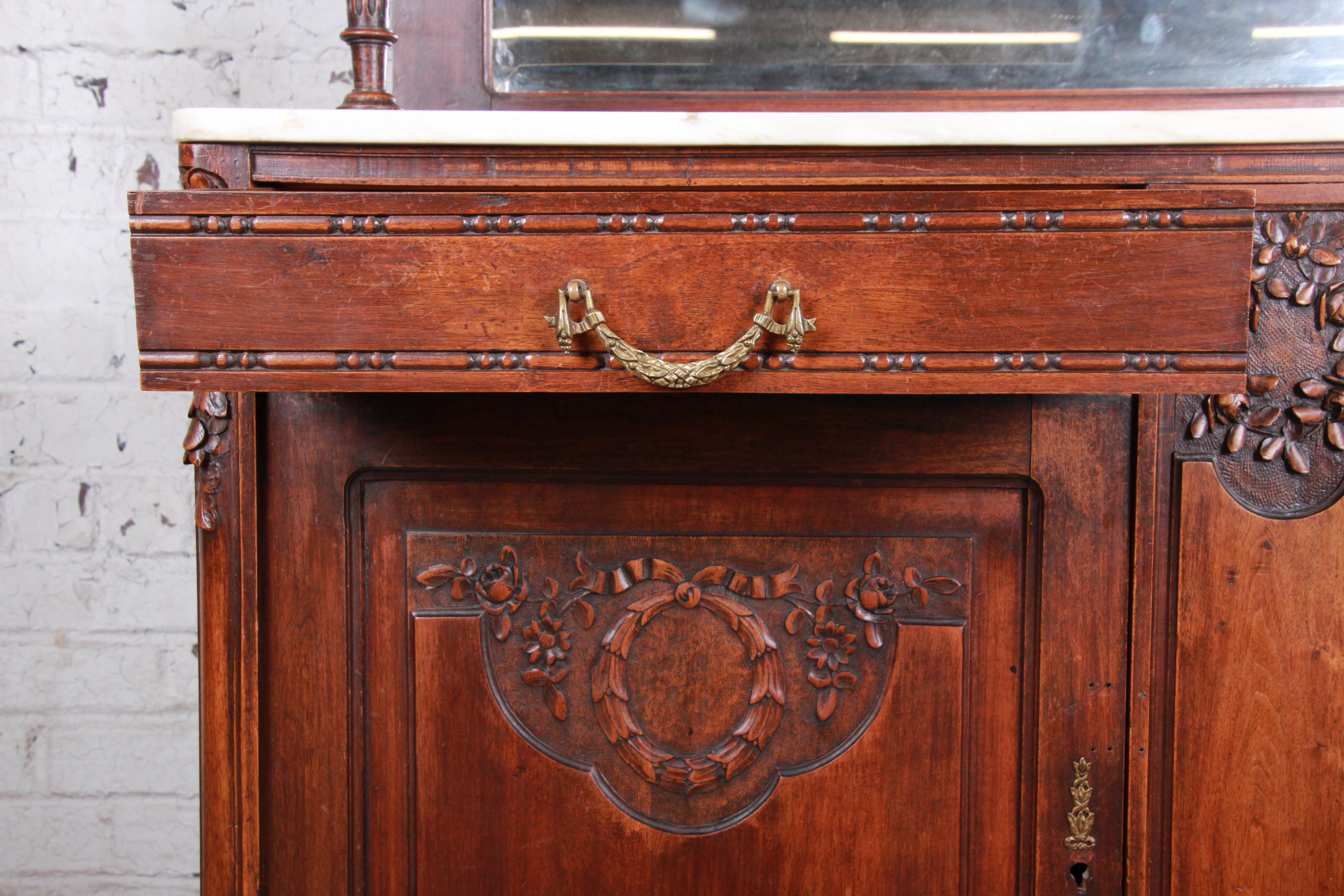 19th Century French Carved Walnut Marble Top Sideboard with Hutch 3