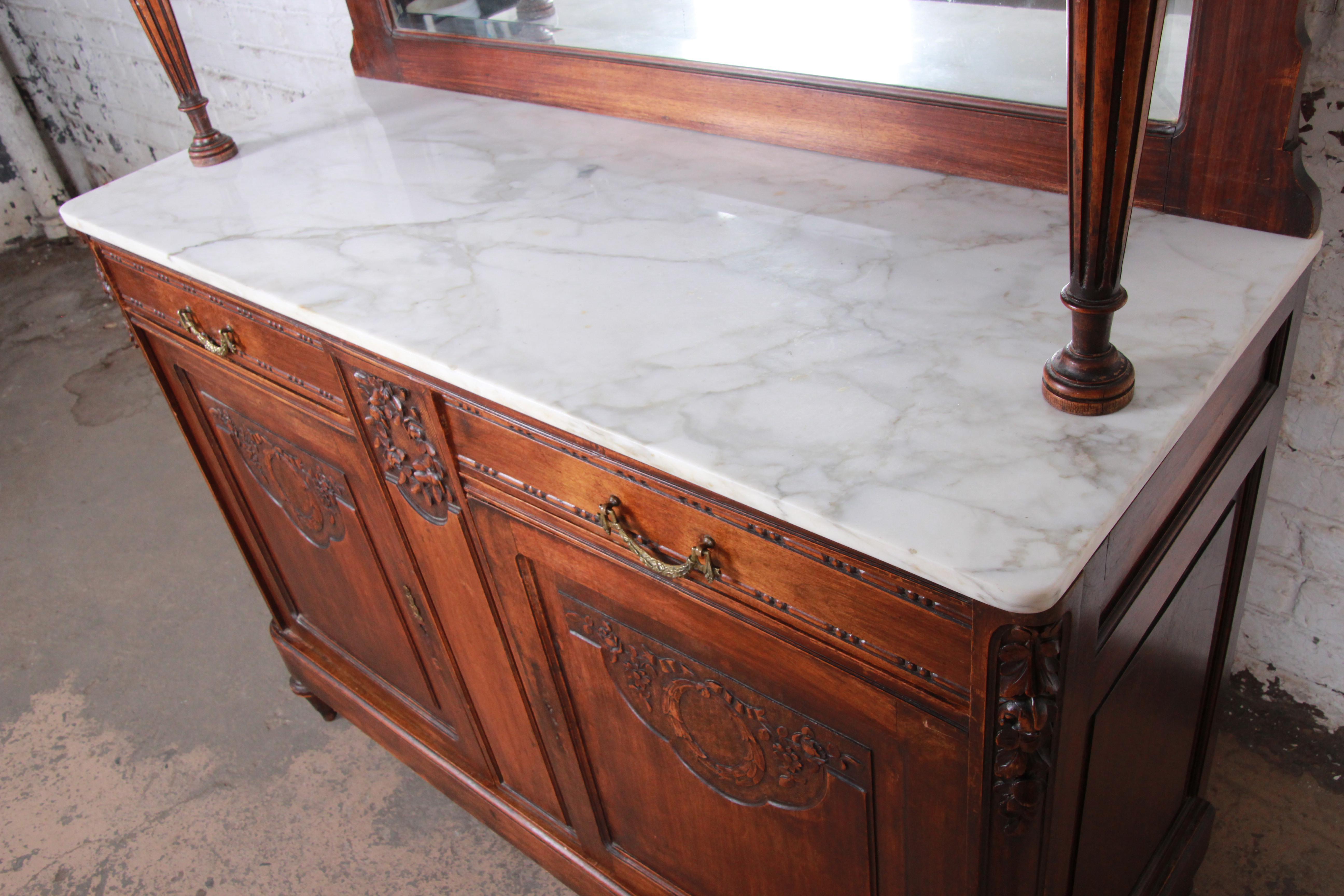 Louis XV 19th Century French Carved Walnut Marble Top Sideboard with Hutch