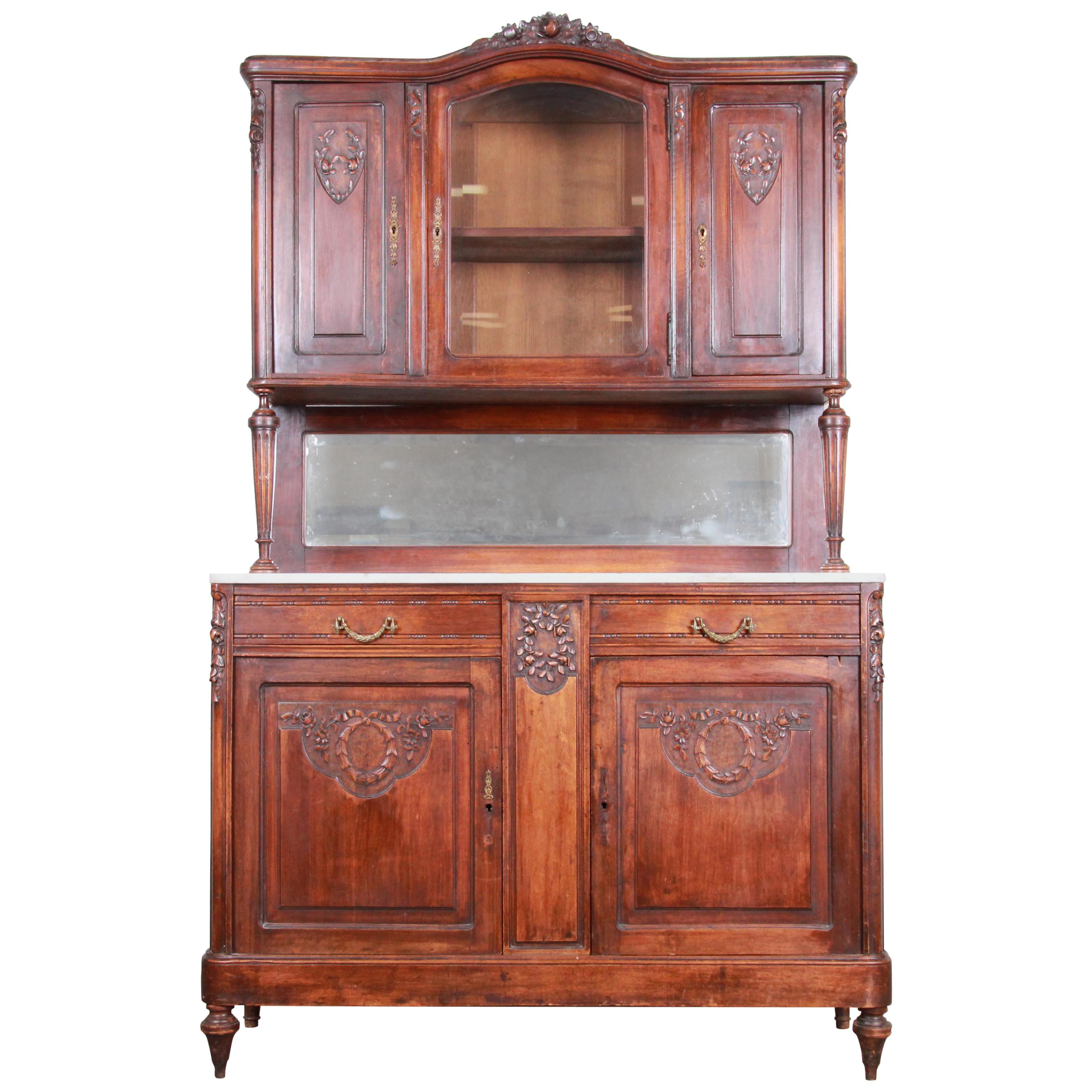 19th Century French Carved Walnut Marble Top Sideboard with Hutch