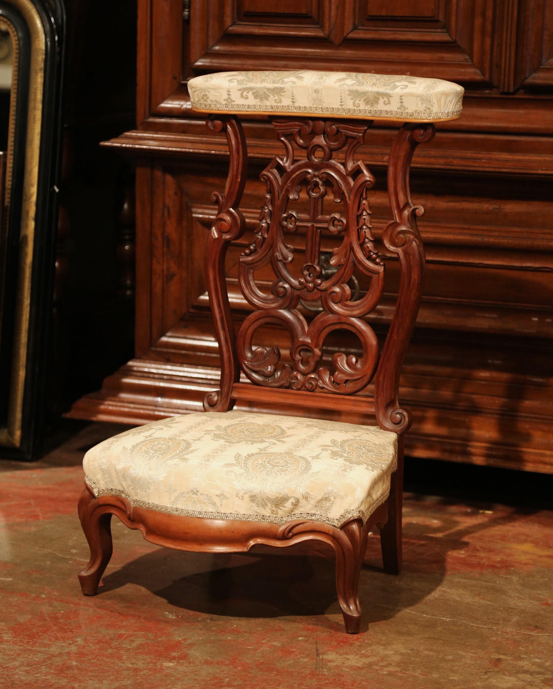 Hand-Carved 19th Century French Carved Walnut Prayer Bench or 