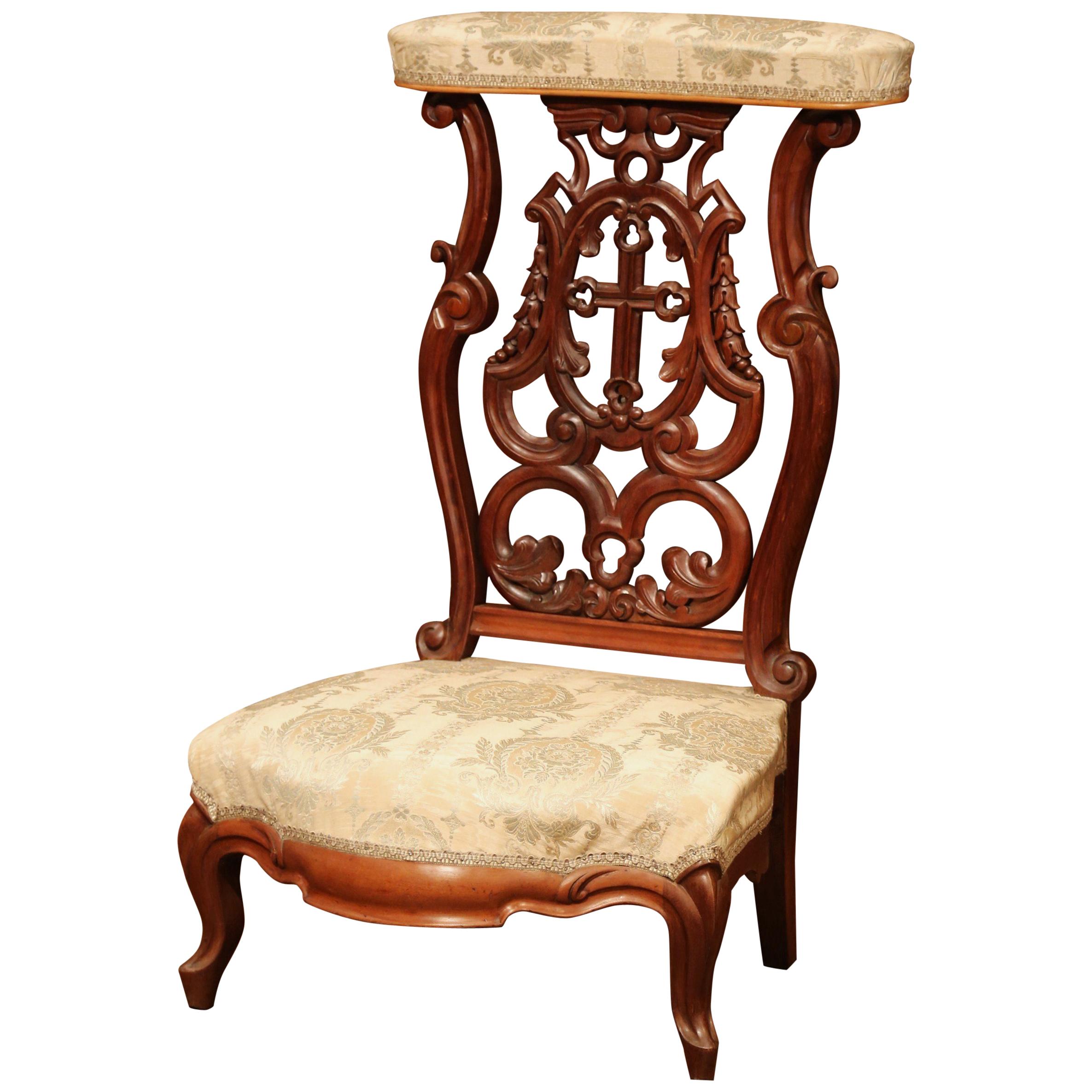 19th Century French Carved Walnut Prayer Bench or "Prie-Dieu" with Silk Fabric