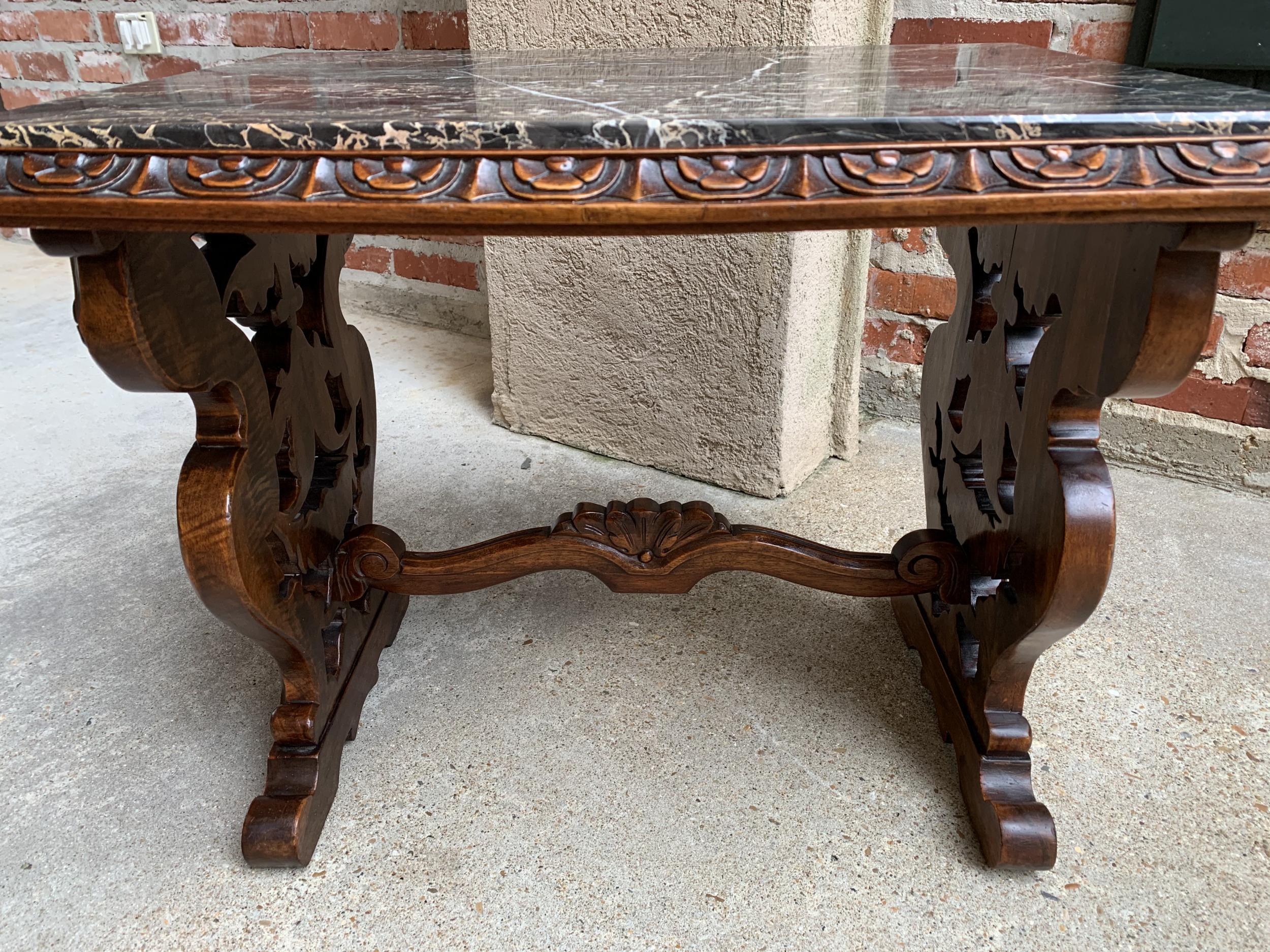 19th Century French Carved Walnut Side Accent Table Marble Top Petite Louis XV 15
