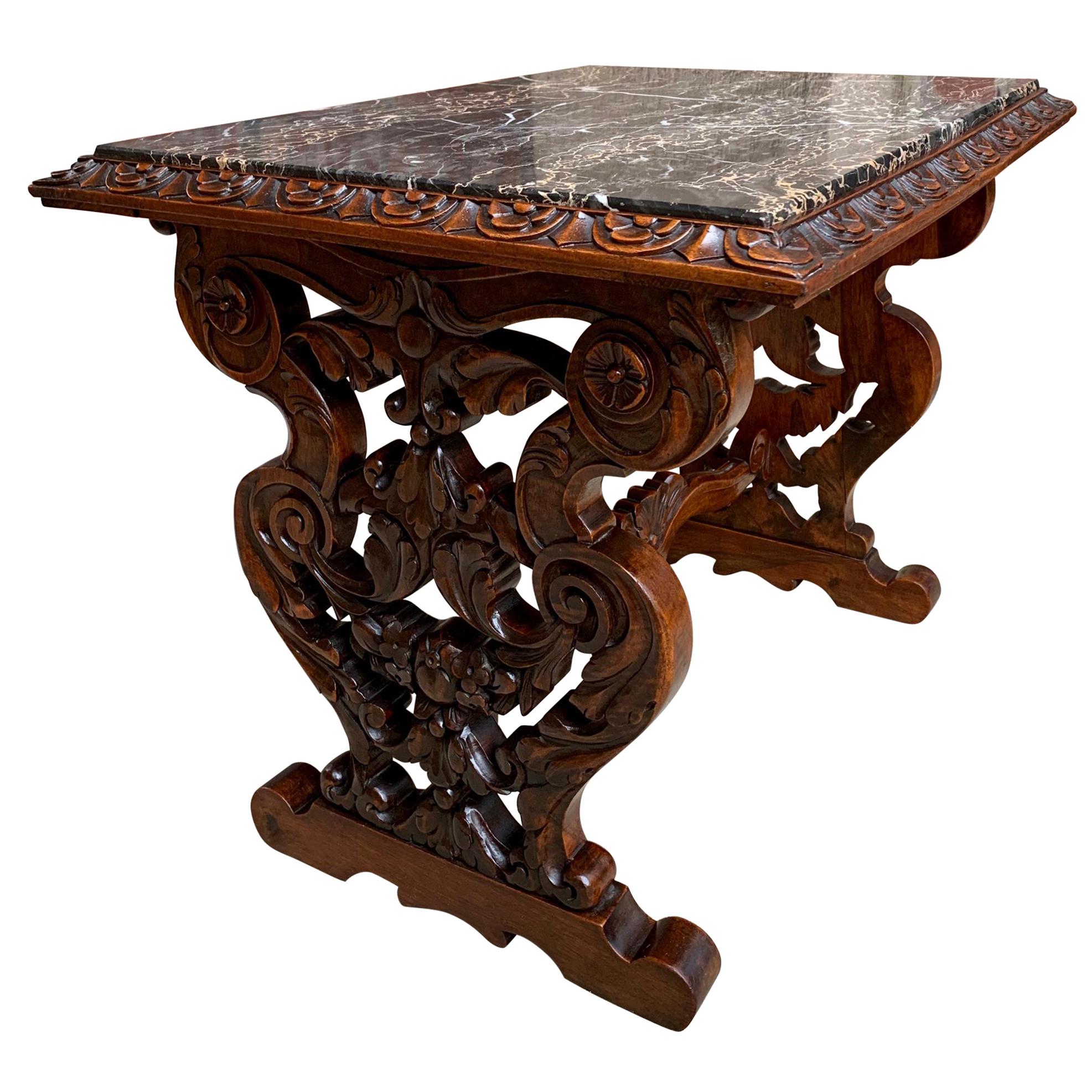 19th Century French Carved Walnut Side Accent Table Marble Top Petite Louis XV