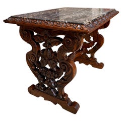 19th Century French Carved Walnut Side Accent Table Marble Top Petite Louis XV