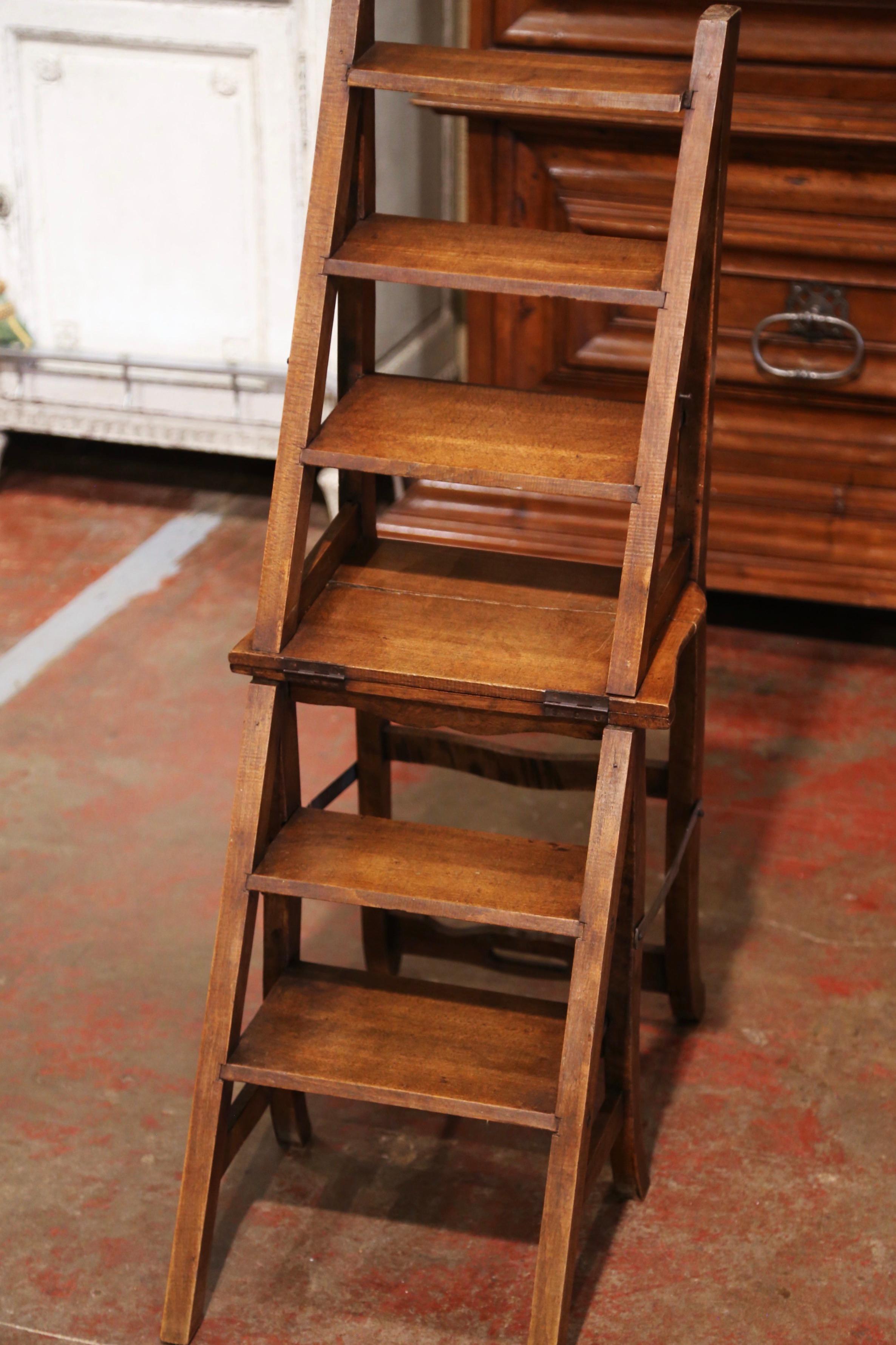 19th Century French Carved Walnut Step Ladder Folding Chair 4