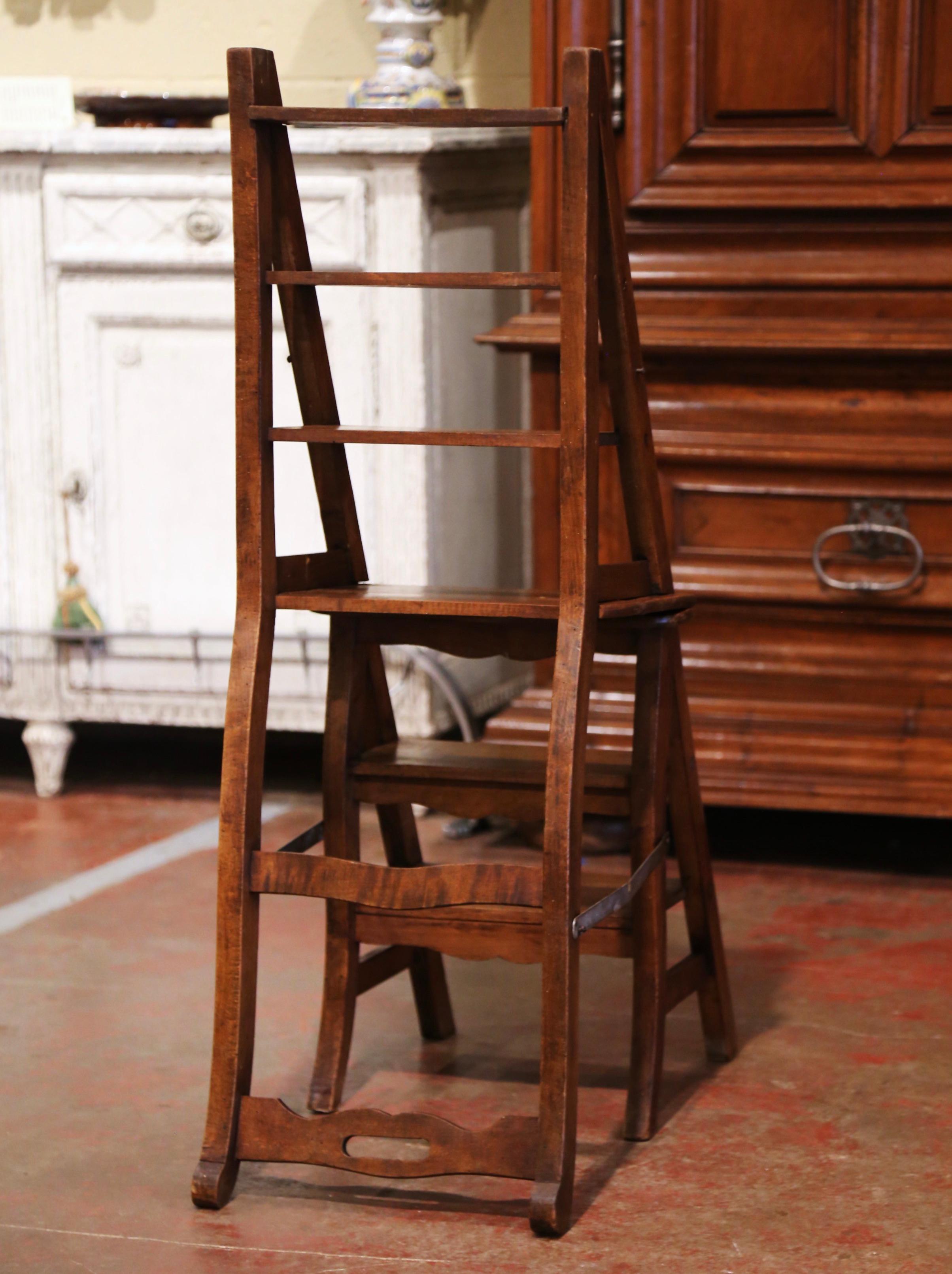 19th Century French Carved Walnut Step Ladder Folding Chair 5
