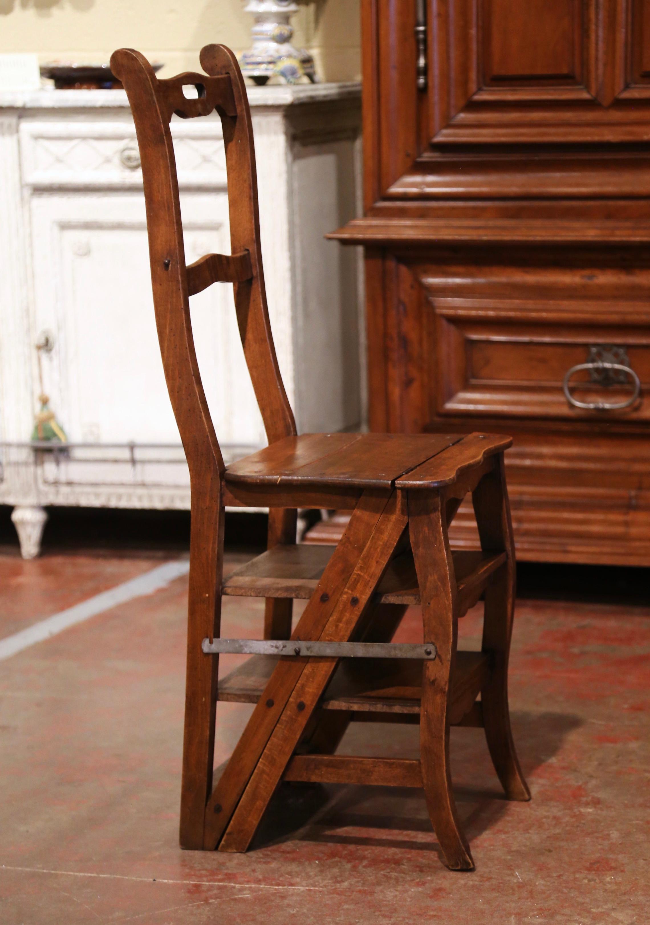 Country 19th Century French Carved Walnut Step Ladder Folding Chair