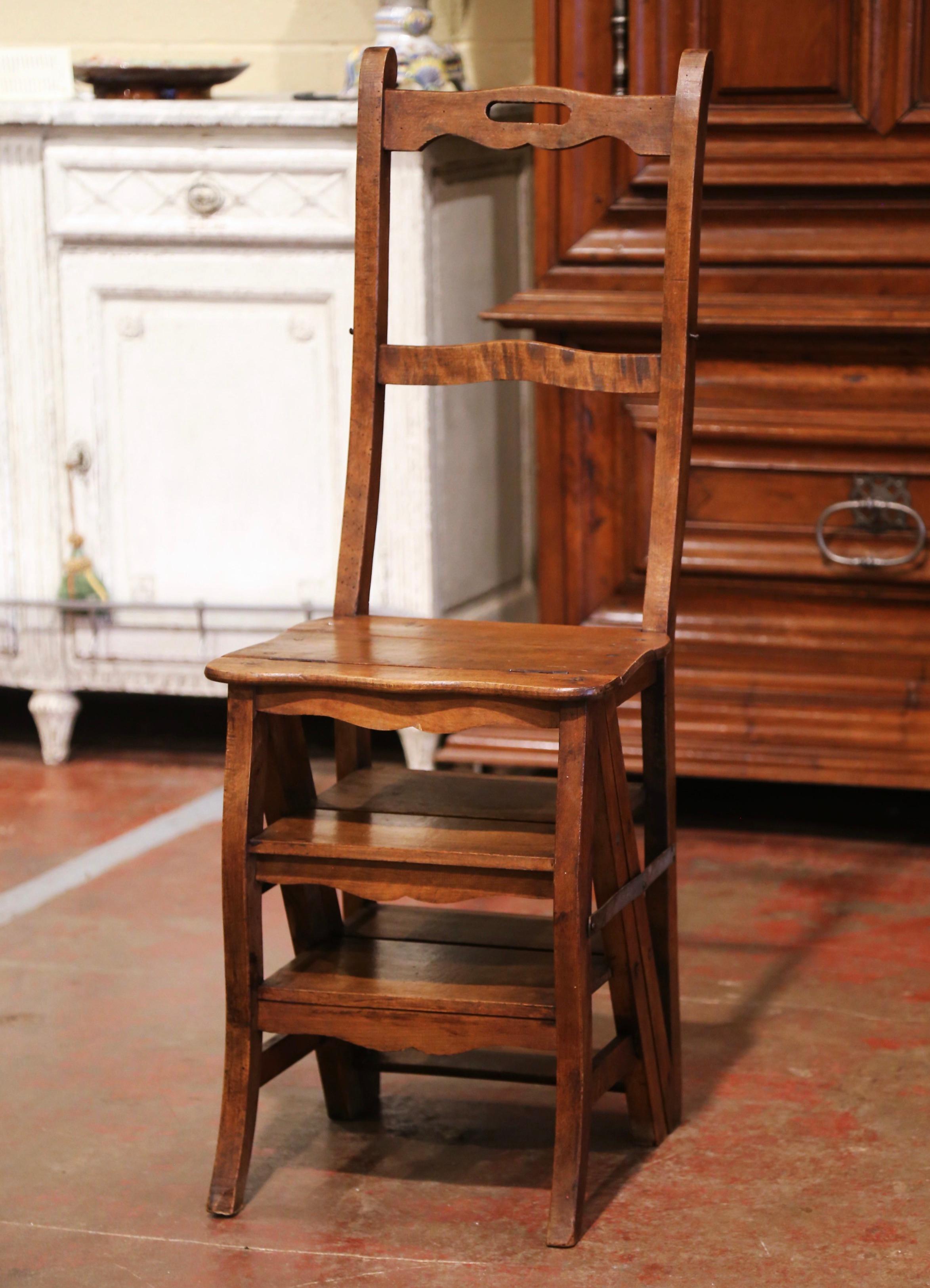 Hand-Carved 19th Century French Carved Walnut Step Ladder Folding Chair