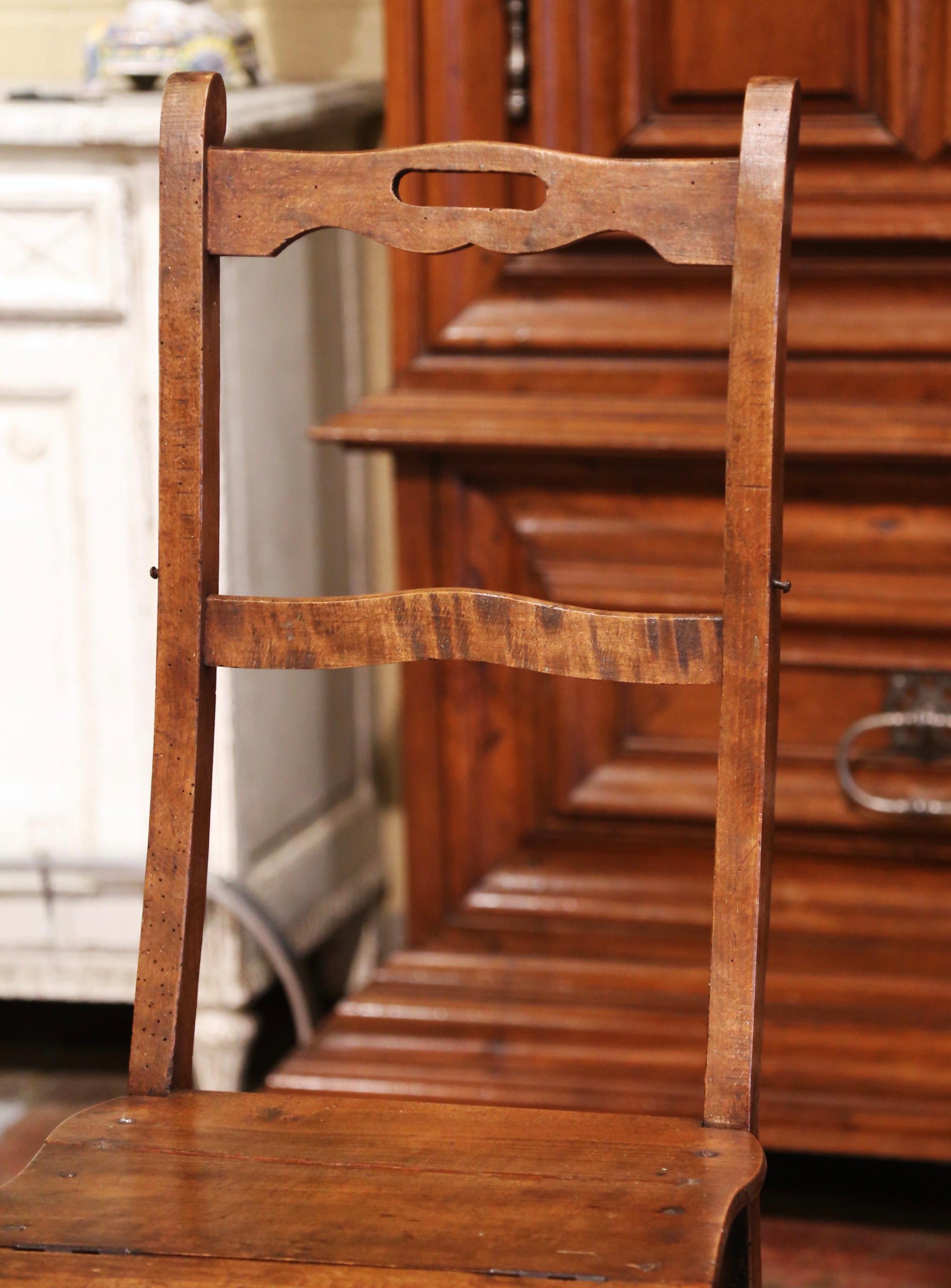 19th Century French Carved Walnut Step Ladder Folding Chair In Excellent Condition In Dallas, TX