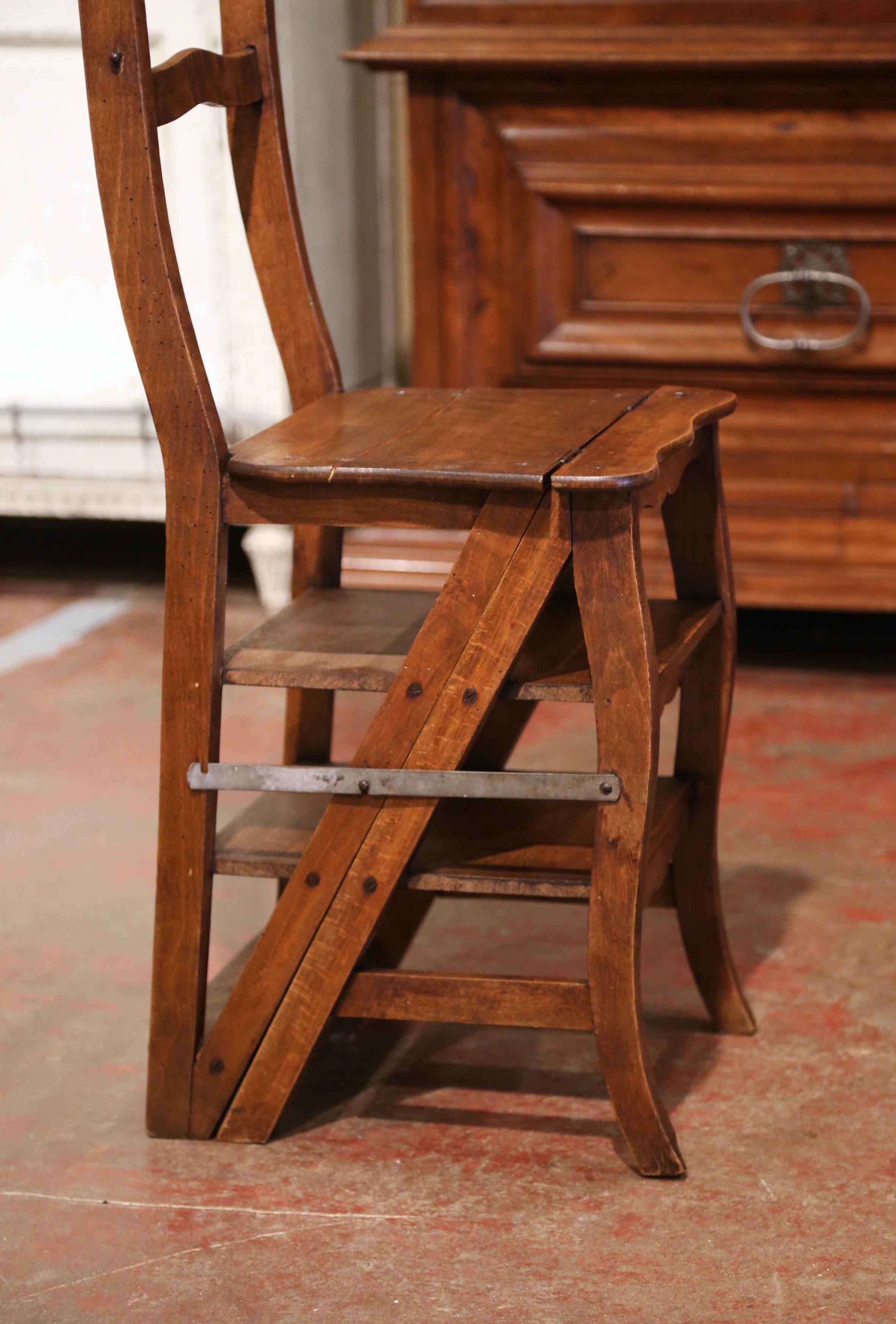 19th Century French Carved Walnut Step Ladder Folding Chair 1