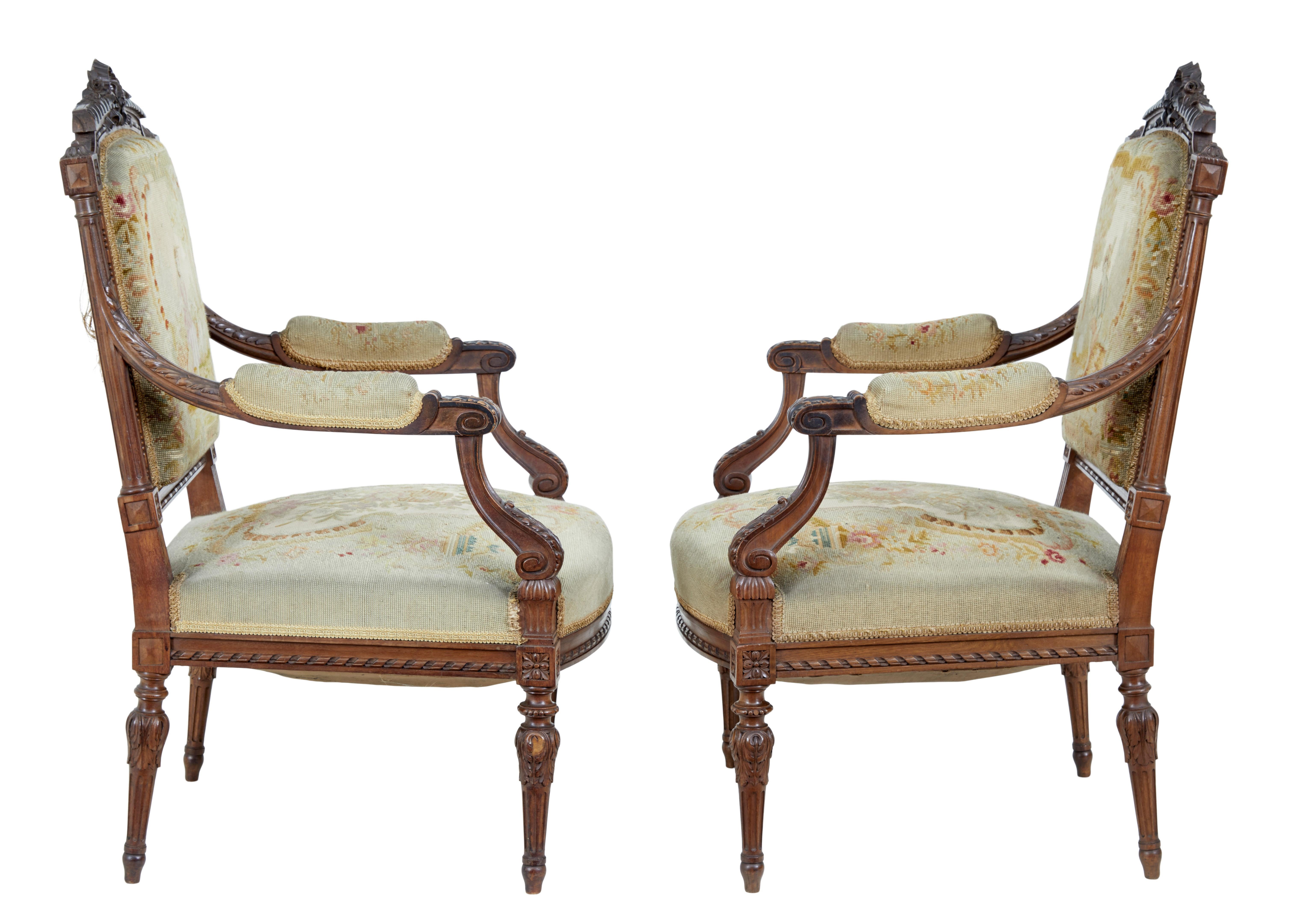 Renaissance Revival 19th Century French Carved Walnut Tapestry Armchairs