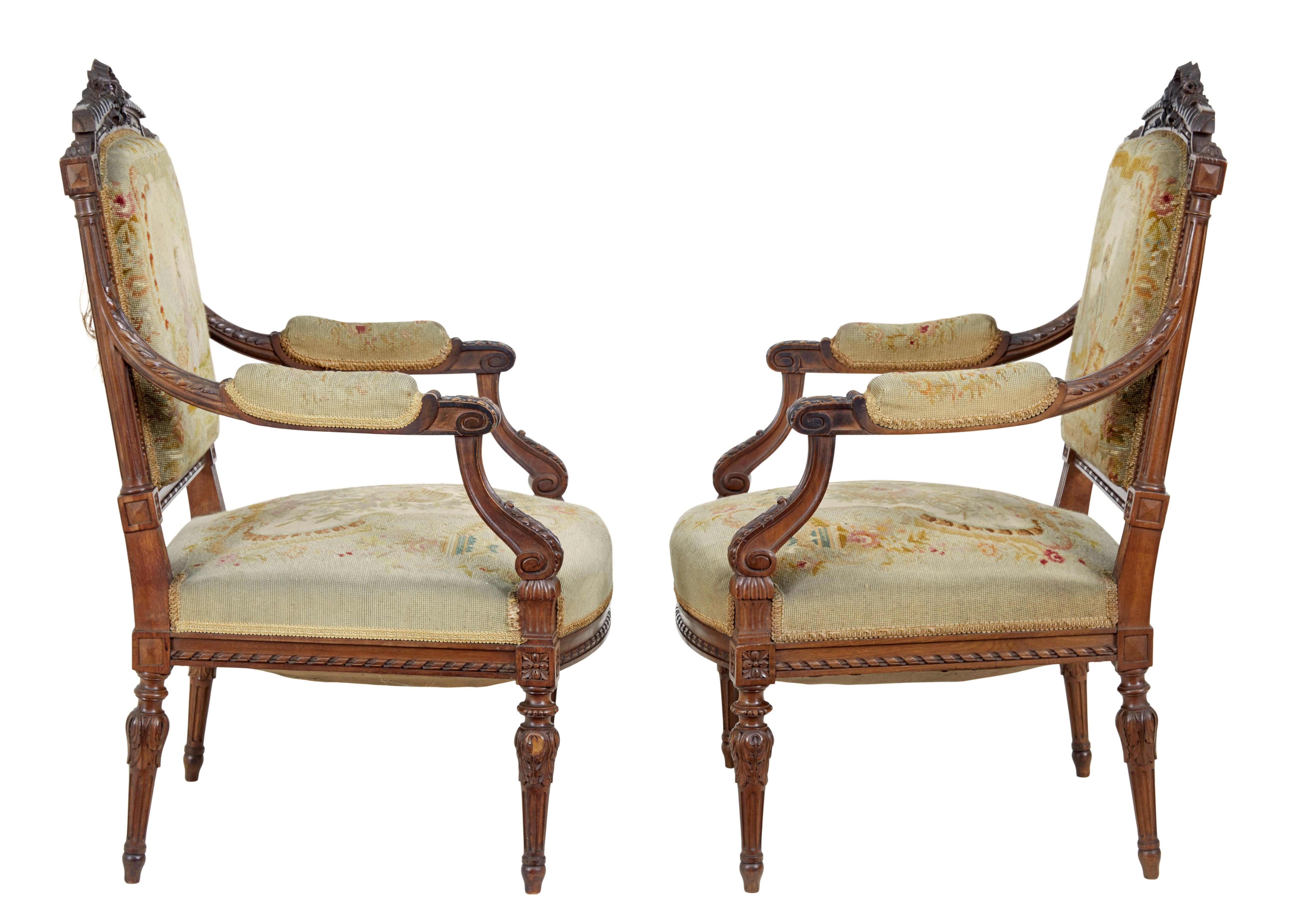 Victorian 19th century French carved walnut tapestry armchairs For Sale