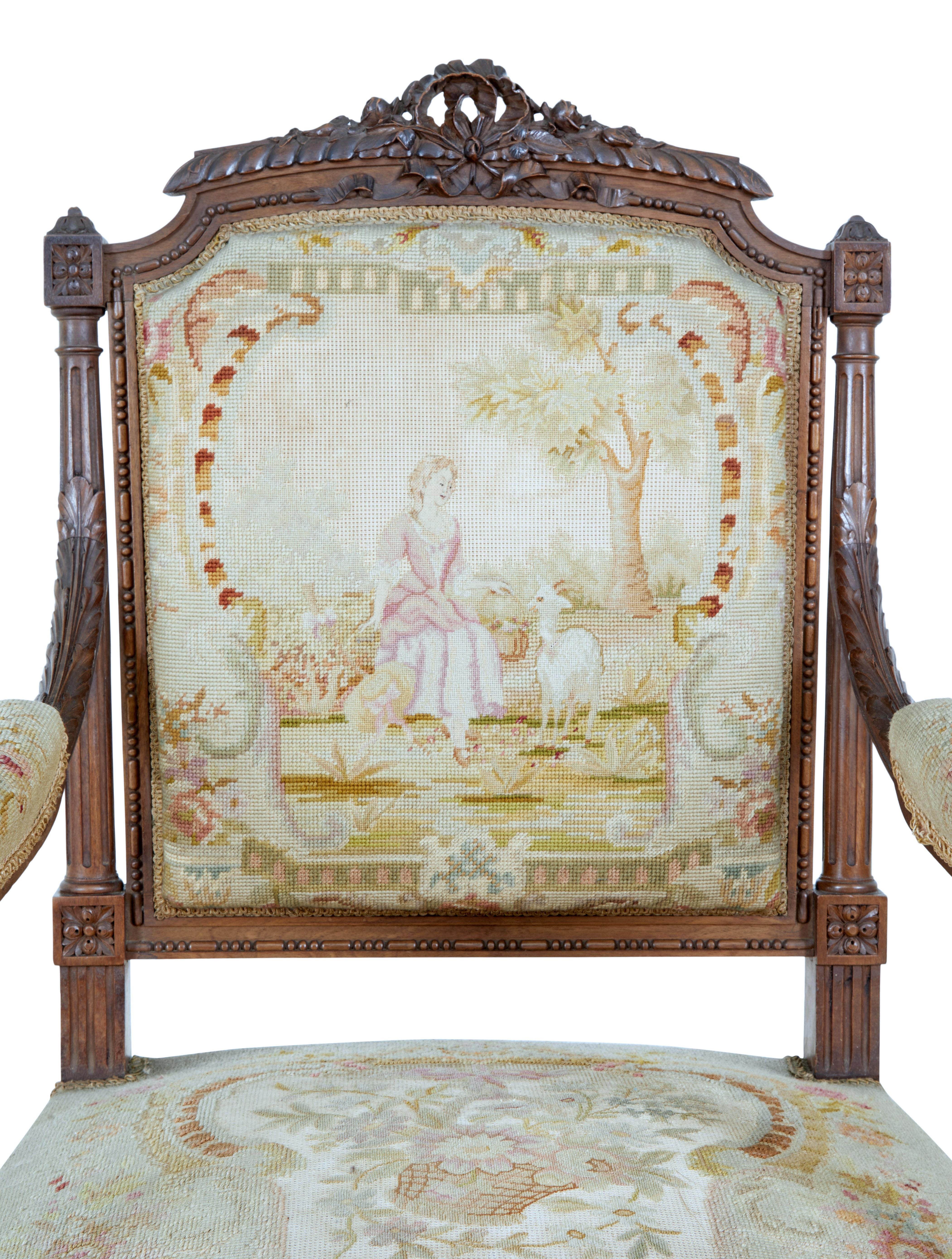 19th Century French Carved Walnut Tapestry Armchairs 1