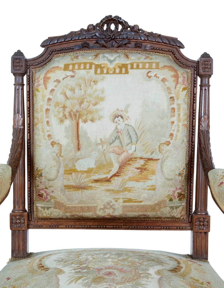 19th Century French Carved Walnut Tapestry Armchairs For Sale at 1stDibs