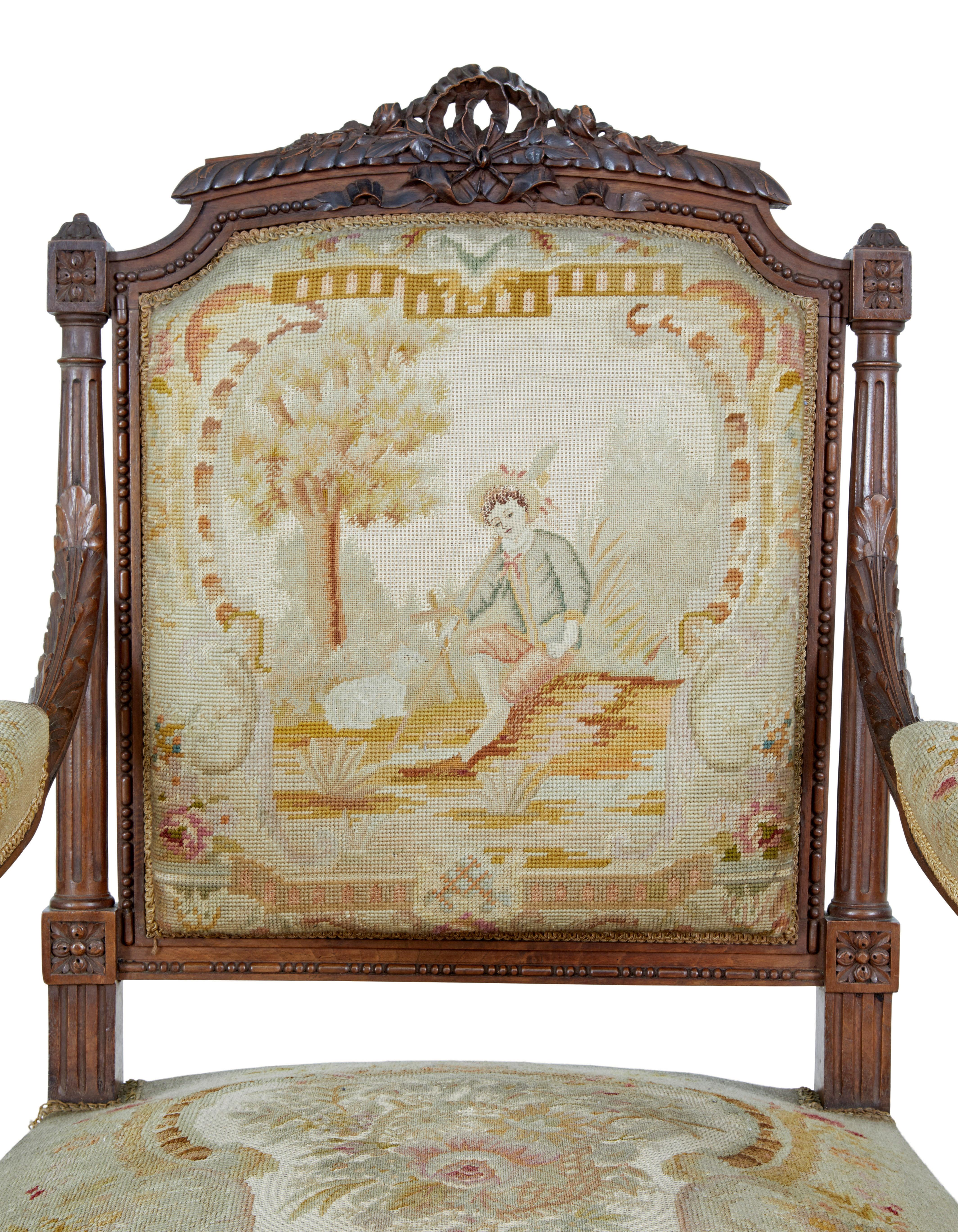 19th Century 19th century French carved walnut tapestry armchairs For Sale