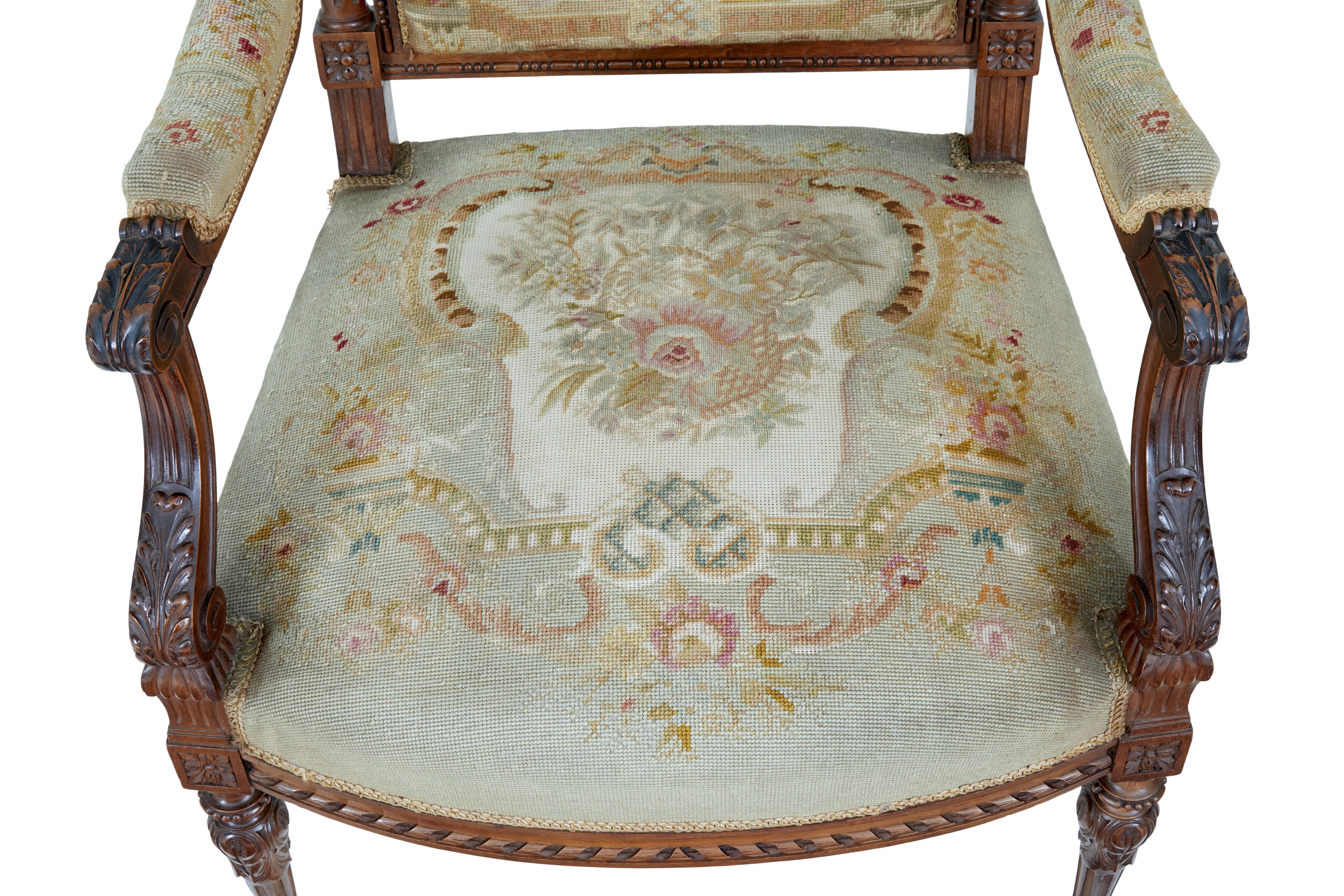 19th Century French Carved Walnut Tapestry Armchairs 3