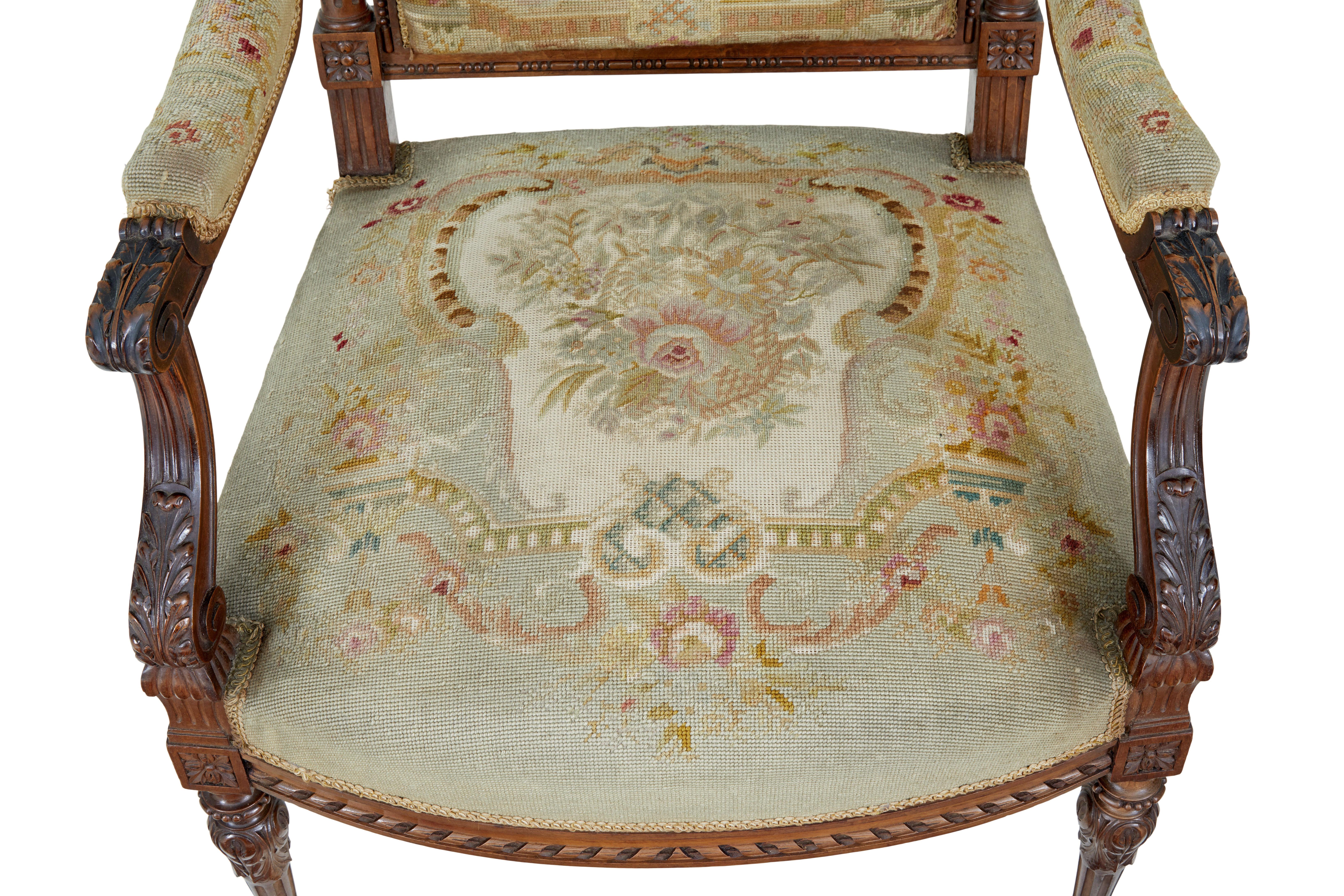 Tapestry 19th century French carved walnut tapestry armchairs For Sale