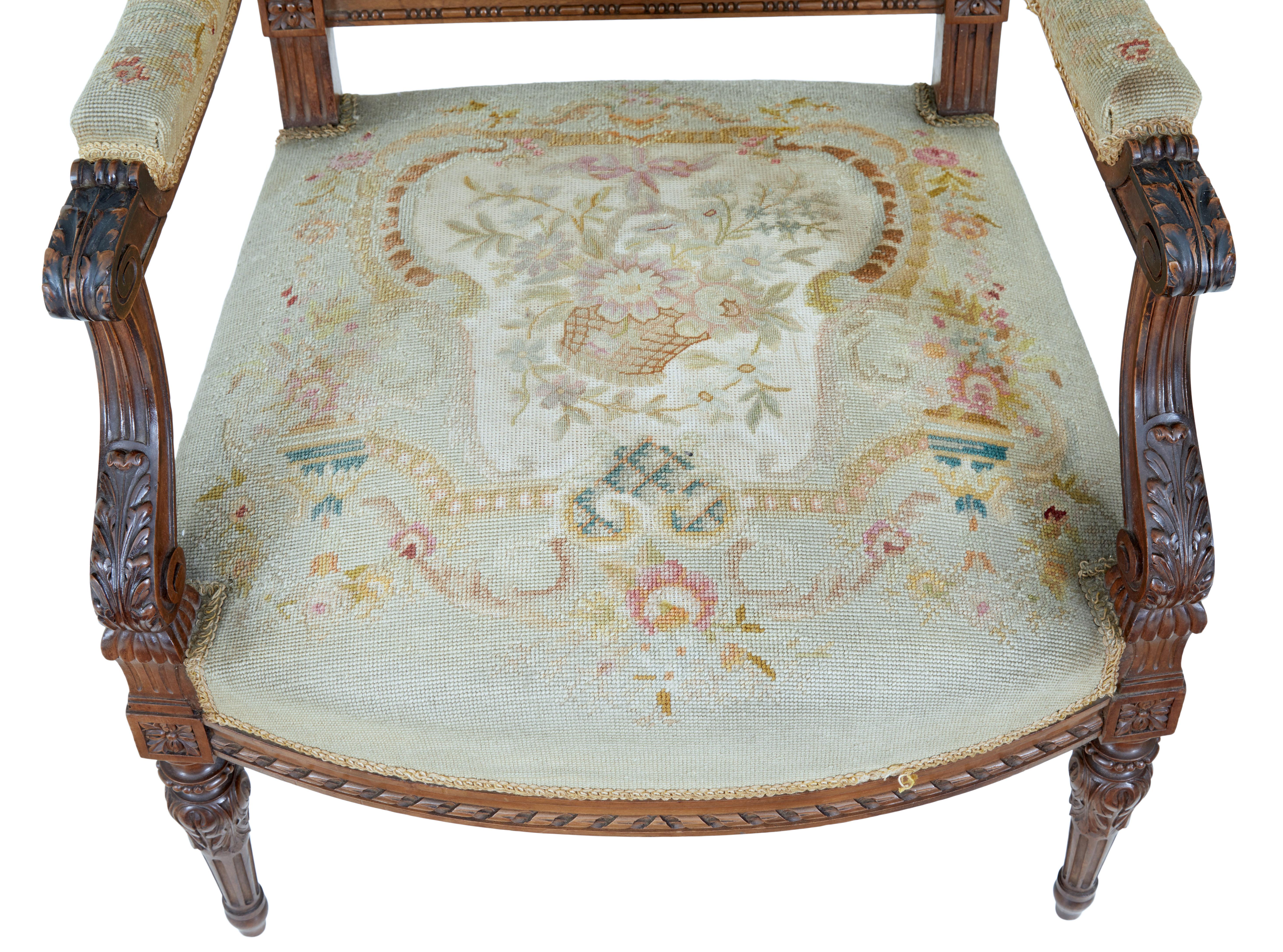 19th Century French Carved Walnut Tapestry Armchairs 4