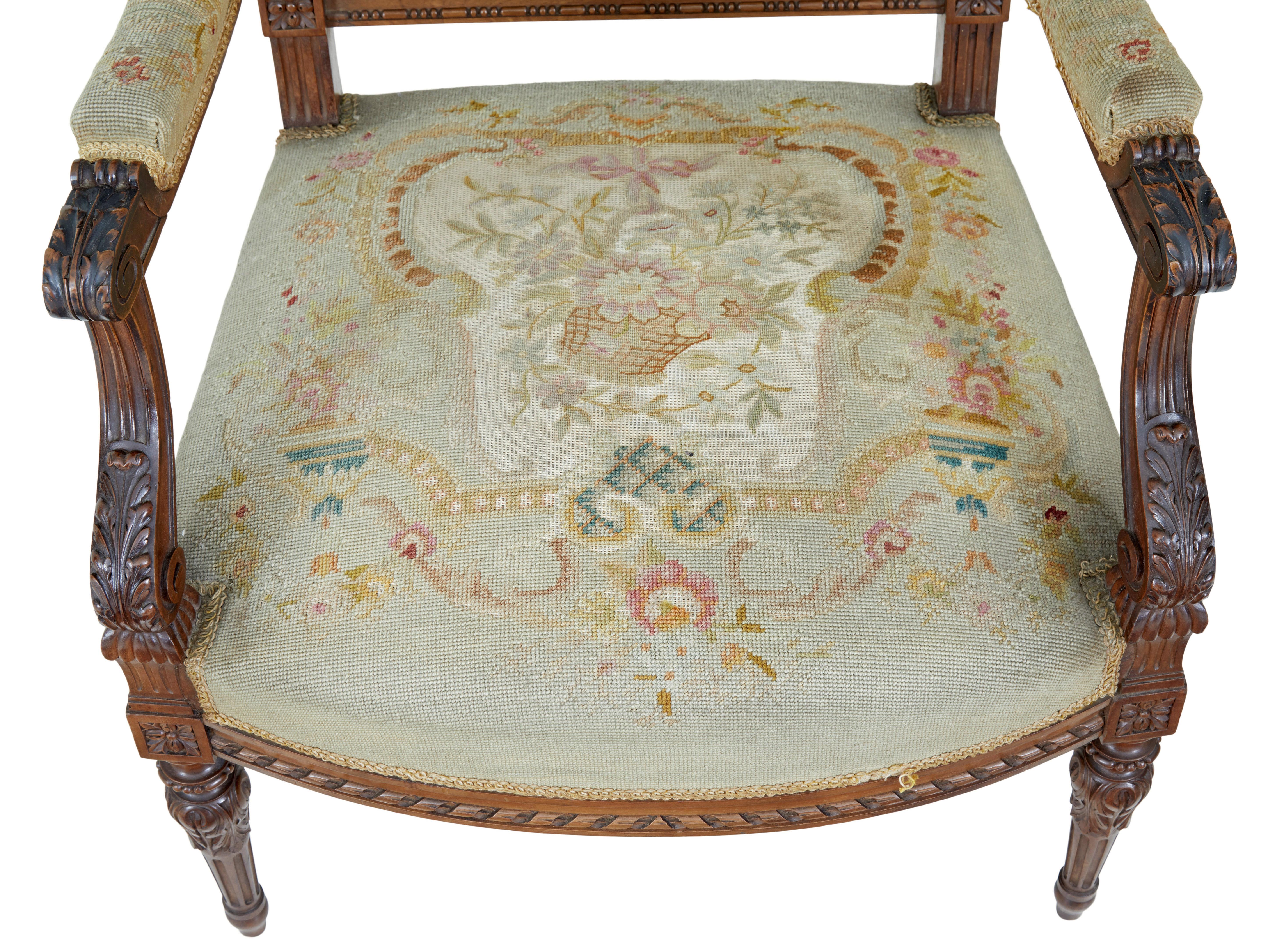 19th century French carved walnut tapestry armchairs For Sale 1