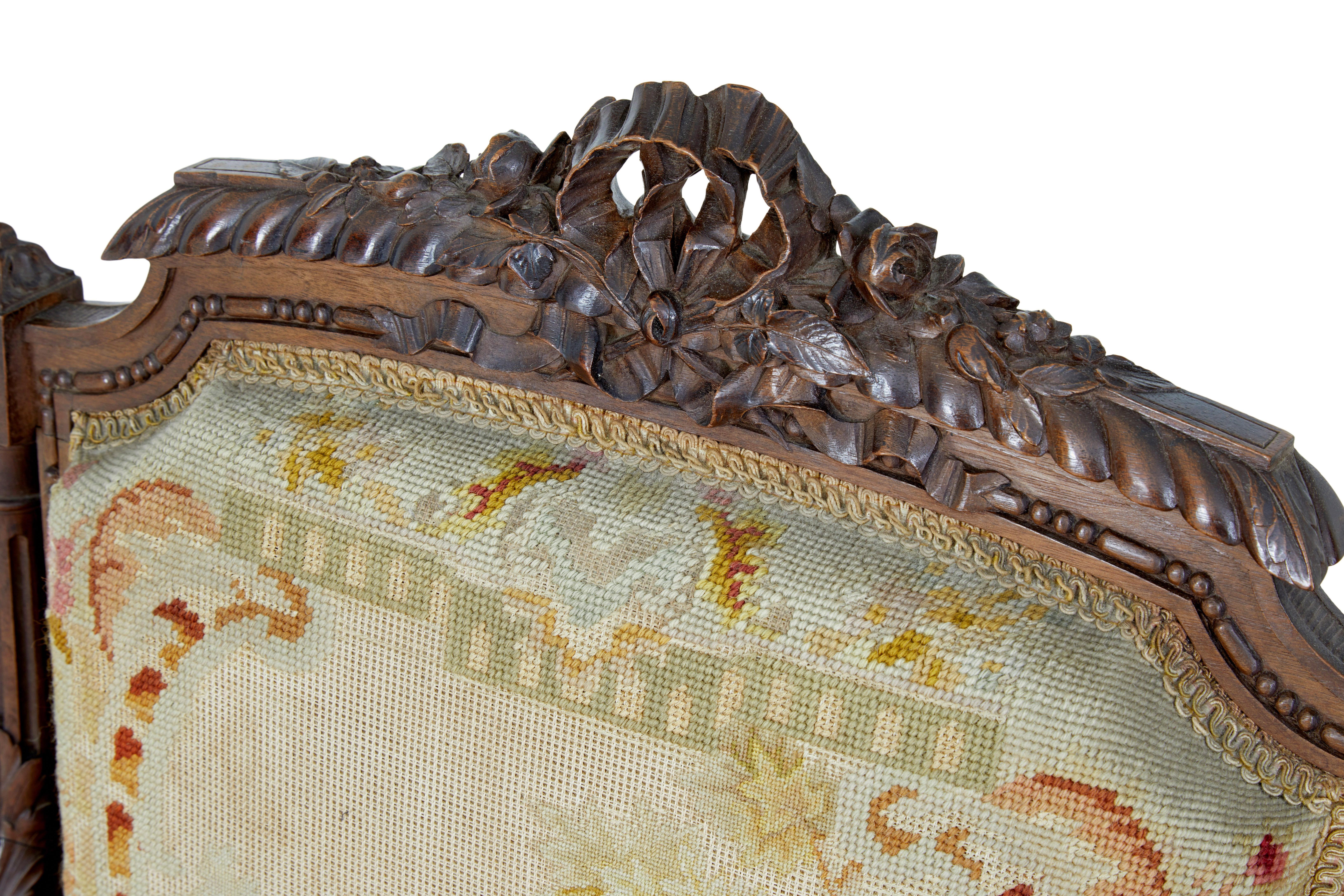 19th century French carved walnut tapestry armchairs For Sale 2