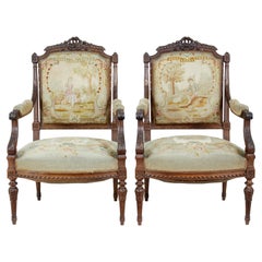 19th Century French Carved Walnut Tapestry Armchairs