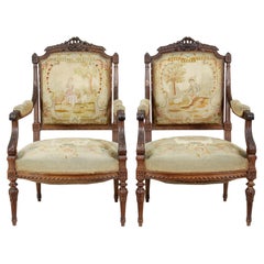 Antique 19th century French carved walnut tapestry armchairs