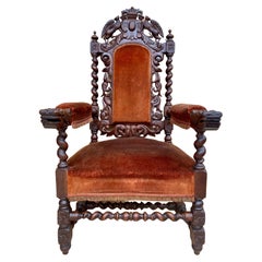 19th Century French Carved Walnut Throne Chair, 1890s