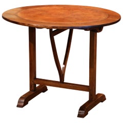 Antique 19th Century French Carved Walnut Tilt-Top Wine Tasting Table with Leather Top
