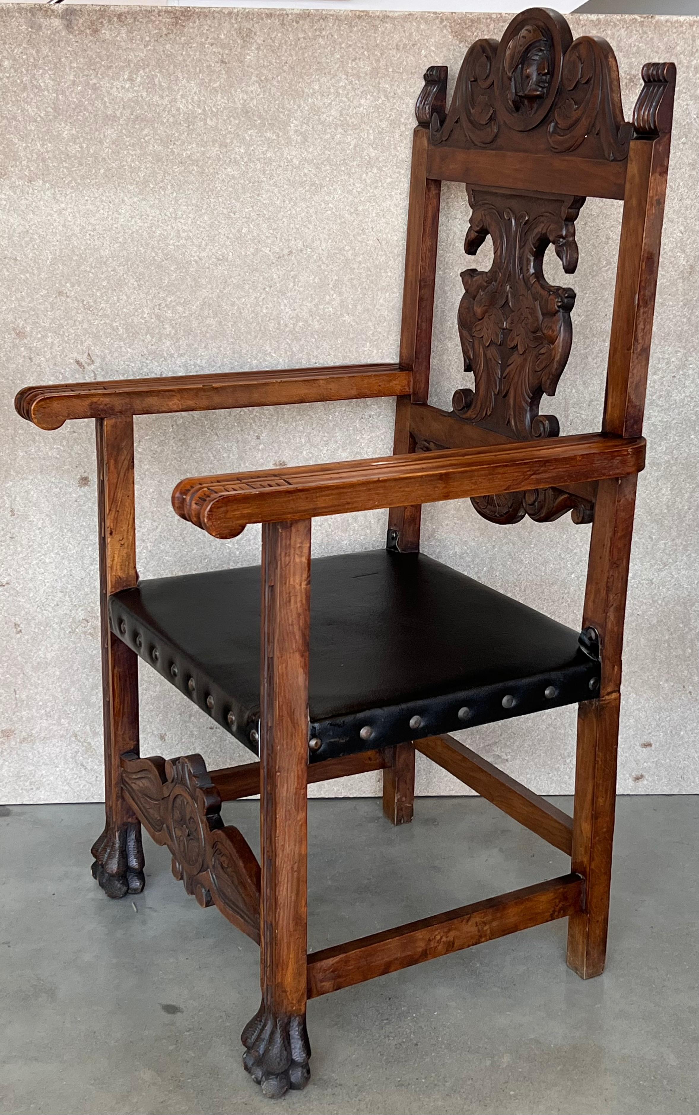 Renaissance 19th Century French Carved Walnut Turned Wood Armchair with Claw Feet For Sale