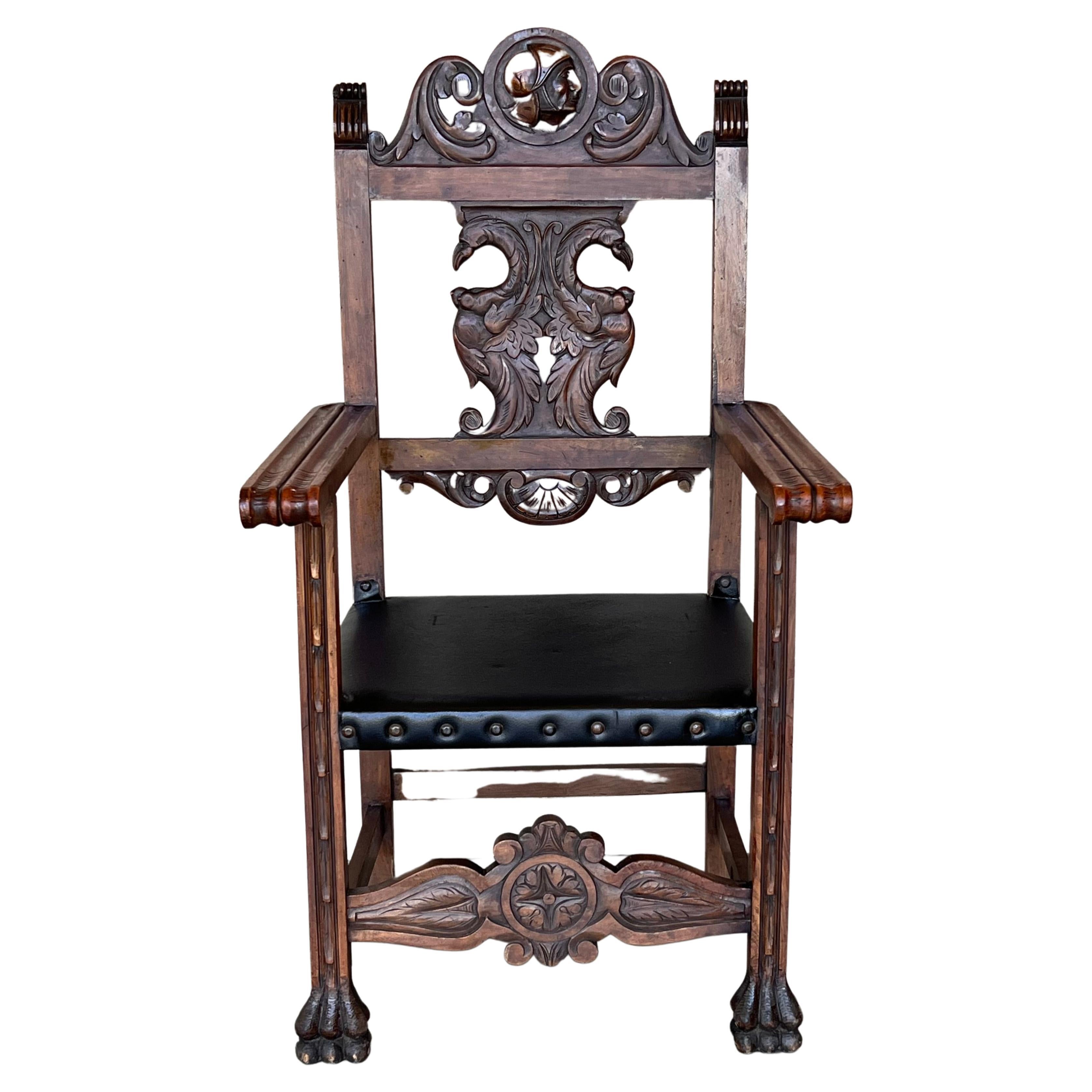 19th Century French Carved Walnut Turned Wood Armchair with Claw Feet