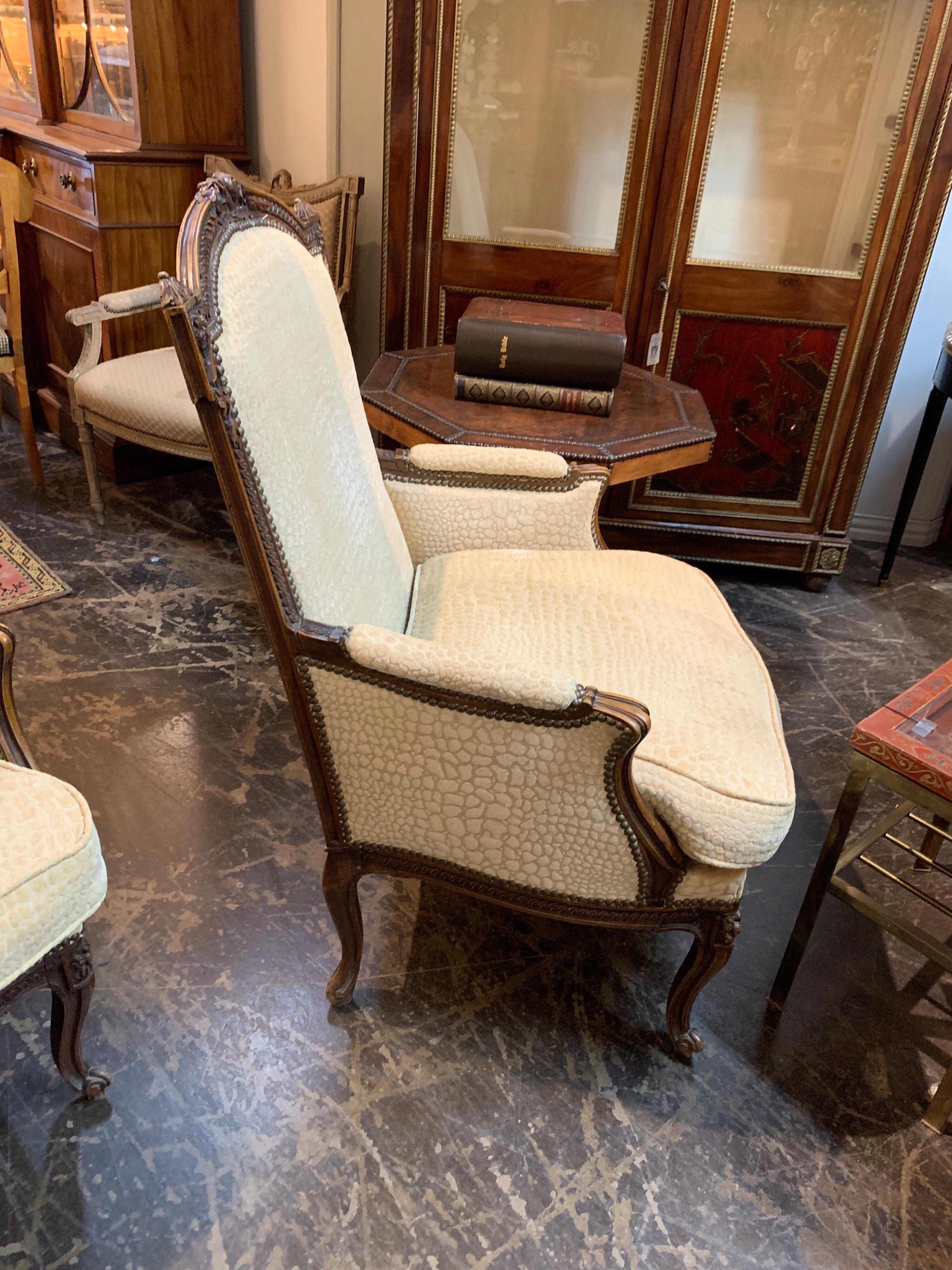 19th Century French Carved Walnut Upholstered Armchairs 2