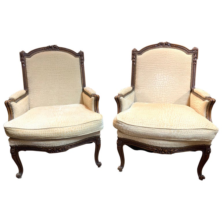 19th Century French Carved Walnut Upholstered Armchairs For Sale at 1stDibs