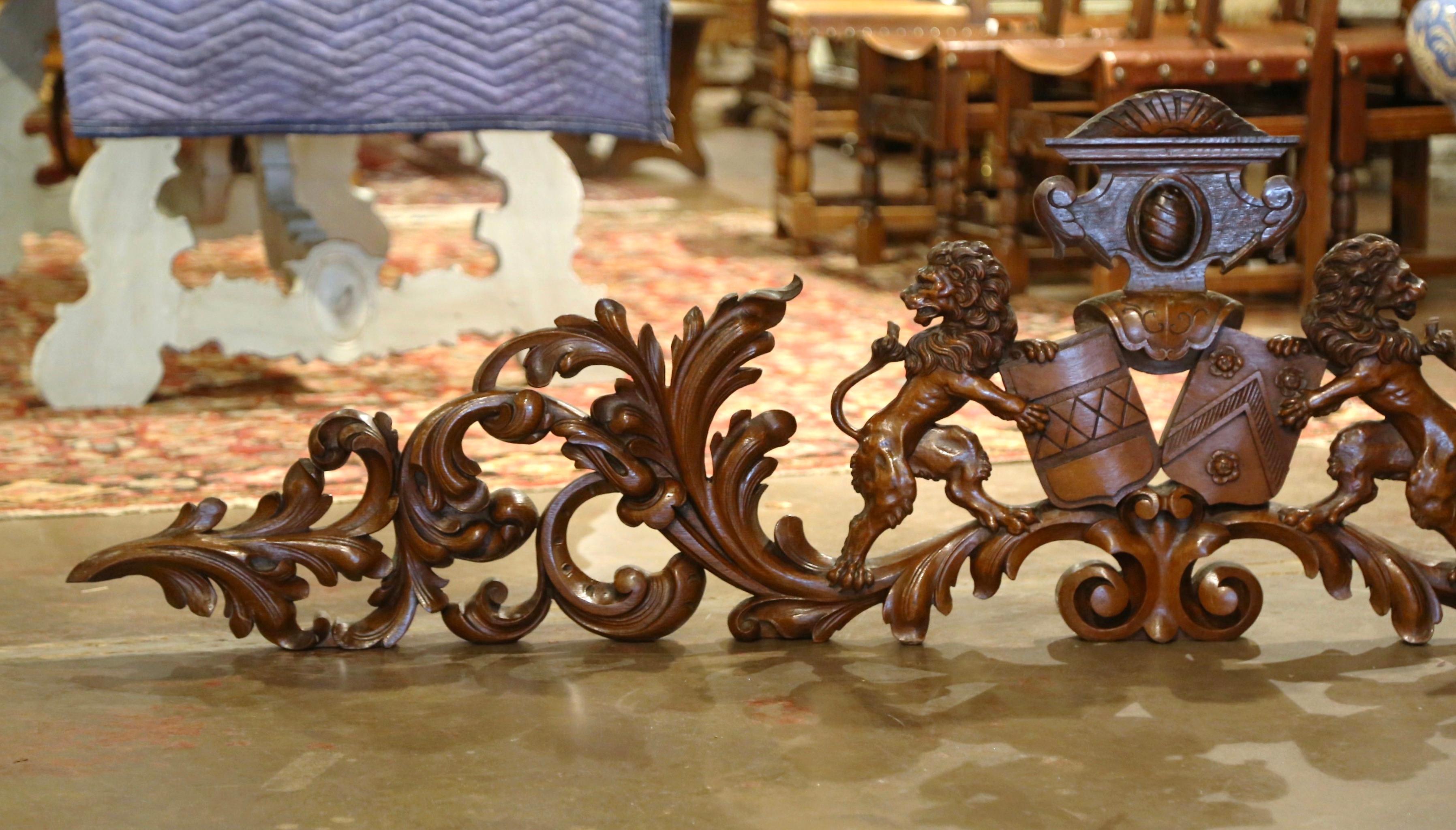 19th Century French Carved Walnut Wall Mounted Sculpture with Lion & Coat of Arm In Excellent Condition In Dallas, TX