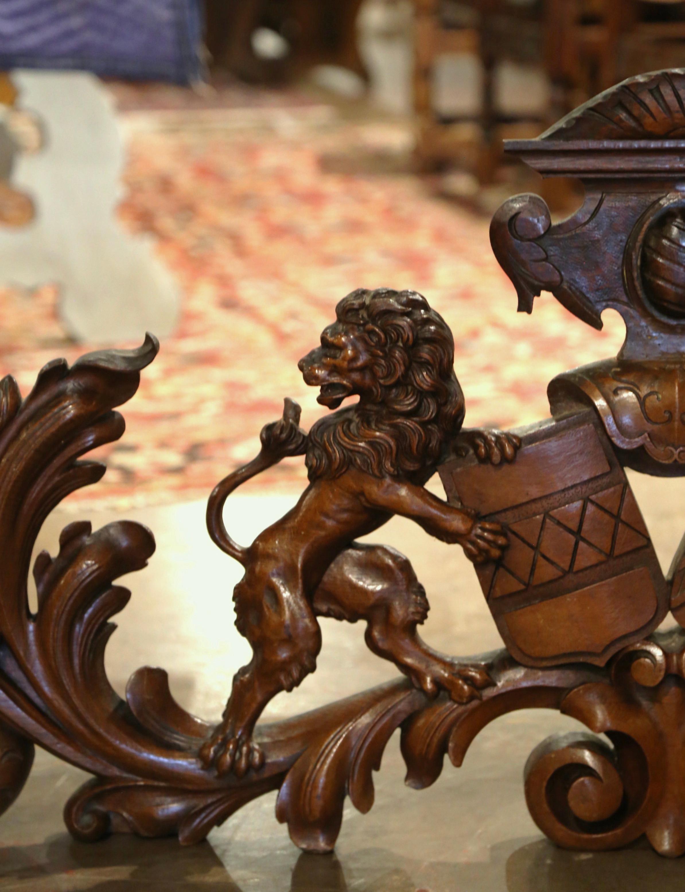 19th Century French Carved Walnut Wall Mounted Sculpture with Lion & Coat of Arm 2