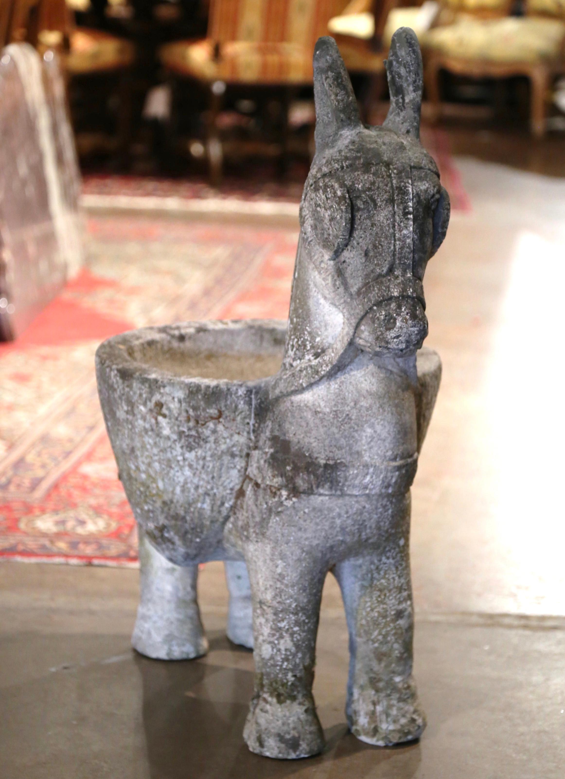 Hand-Crafted 19th Century French Carved Weathered Concrete Garden Donkey Planter