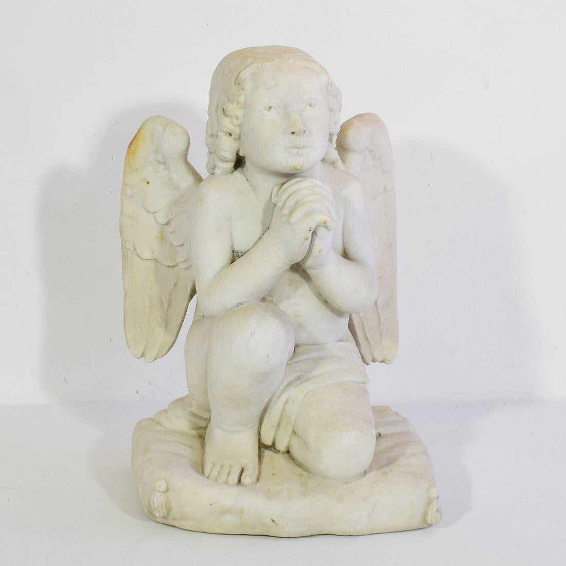 Hand-Carved 19th Century French Carved White Marble Angel For Sale