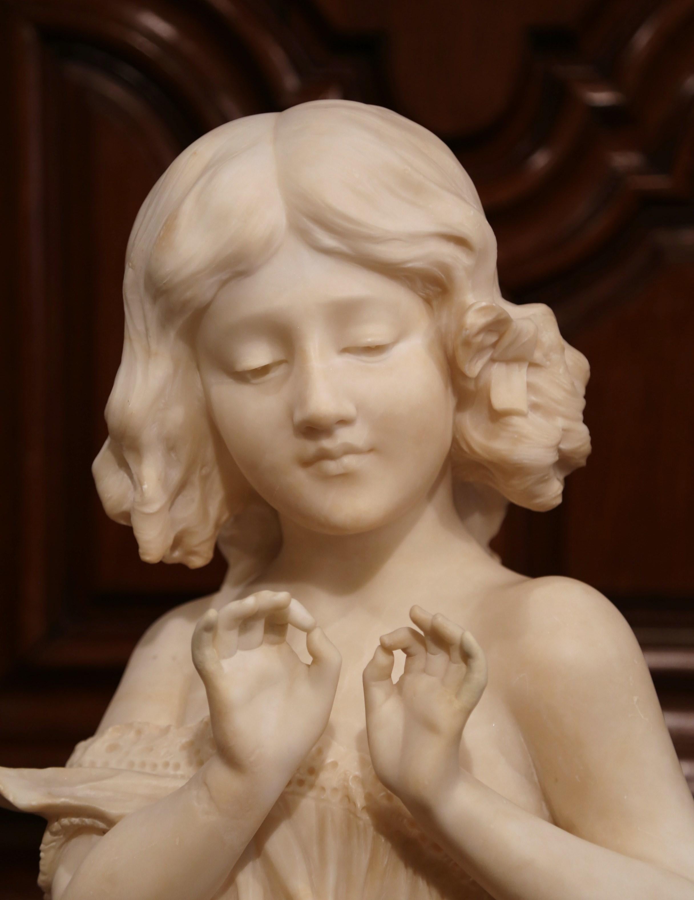 Hand-Carved 19th Century French Carved White Marble Bust of Young Beauty Signed Adolphe